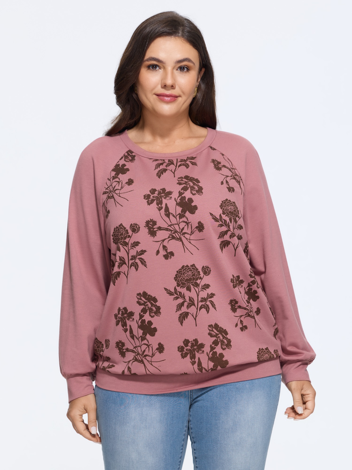 BloomChic Women's Plus Size Vintage Floral Print Raglan Sleeve Sweatshirt Heather Rose Everyday-Elegant Round Neck 10/M