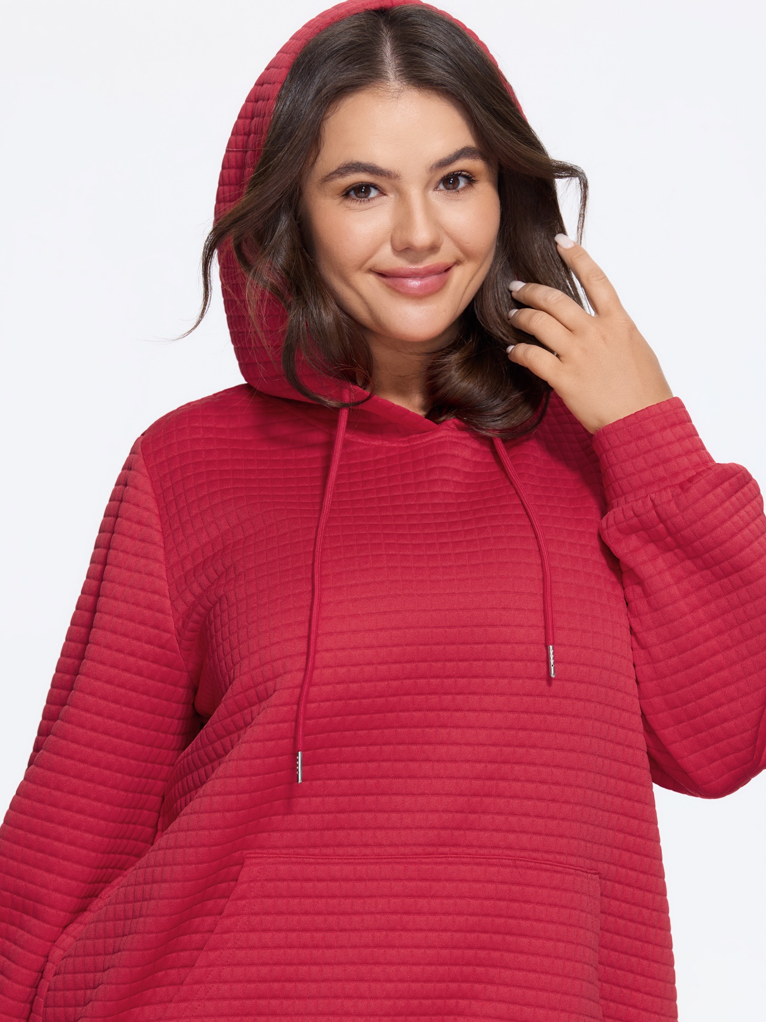 BloomChic Plus Size Texture Pocket Drawstring Hoodie Sweatshirt - Women's Urban Red Solid Hooded Neck Comfort Midsection Fit Long Sleeve 节庆款 Sweatshirts 26-28/3X