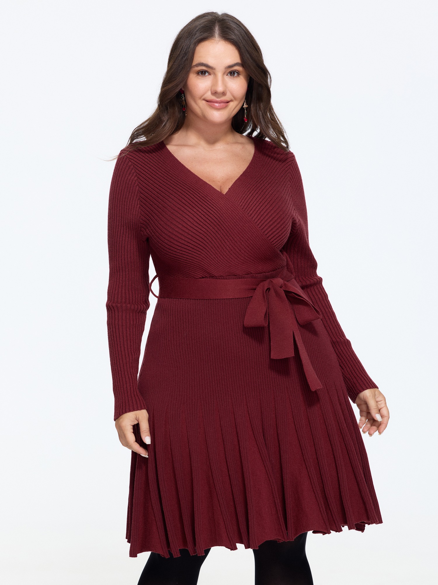 BloomChic Plus Size Supersoft Wrap Neck Waist Tie Pleated Sweater Dress - Curve Ladies Lava Falls Daily-Americana Daily Long Sleeve Solid Sweater Dresses 14/M