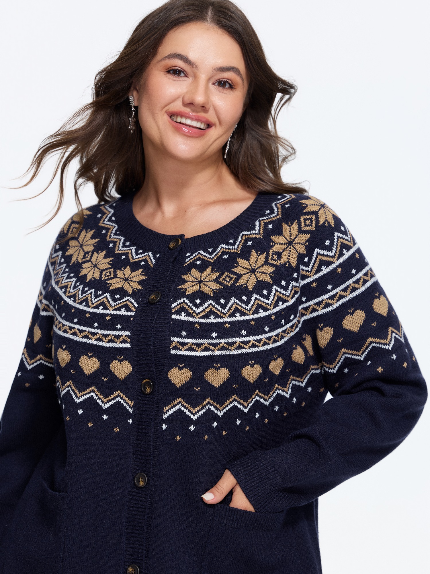 BloomChic Plus Size Supersoft Snowflake Heart Pattern Button Down Cardigan - Curve Women's Winter Round Neck Straight fit Jacquard Ocean Button Closure Cardigans 14/M