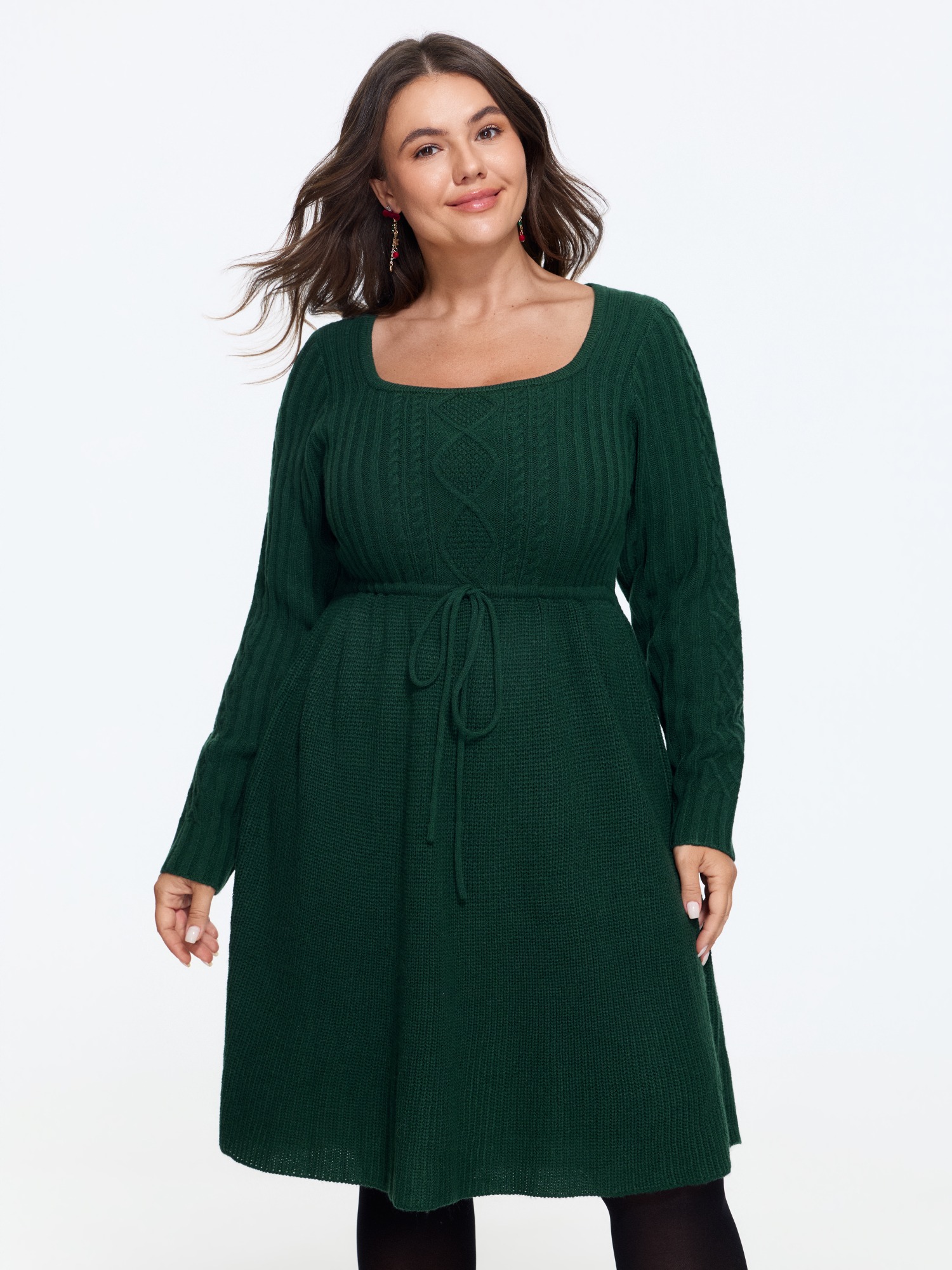 BloomChic Plus Size Square Neck Waist Tie Sweater Dress - Curve Ladies Dark Green Daily-Americana Daily Long Sleeve Solid Sweater Dresses 14/M