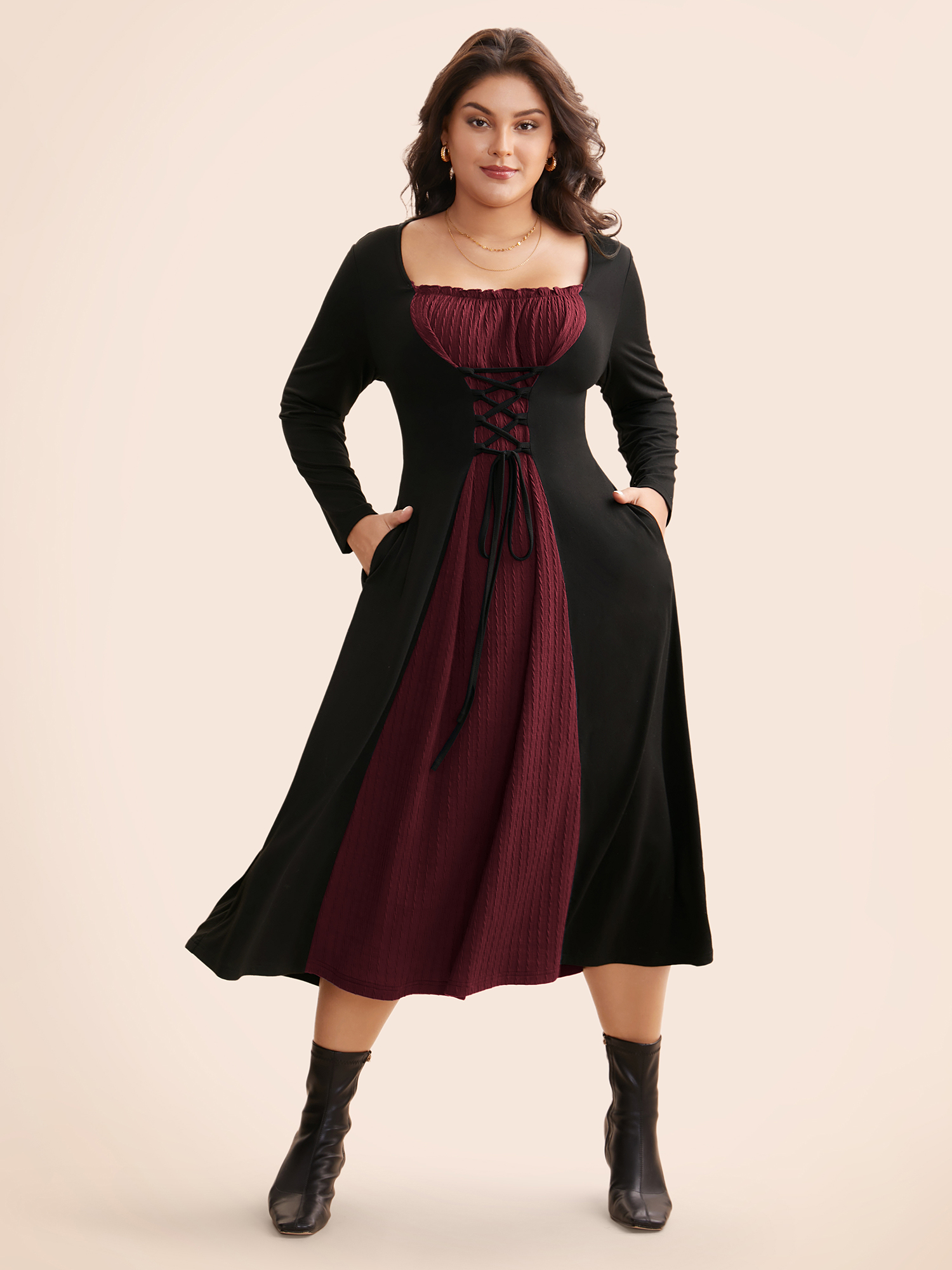 BloomChic Women's Plus Size Square Neck Textured Patchwork Crisscross Dress Merlot Solid Midi Everyday-Elegant Colorblock 10/M