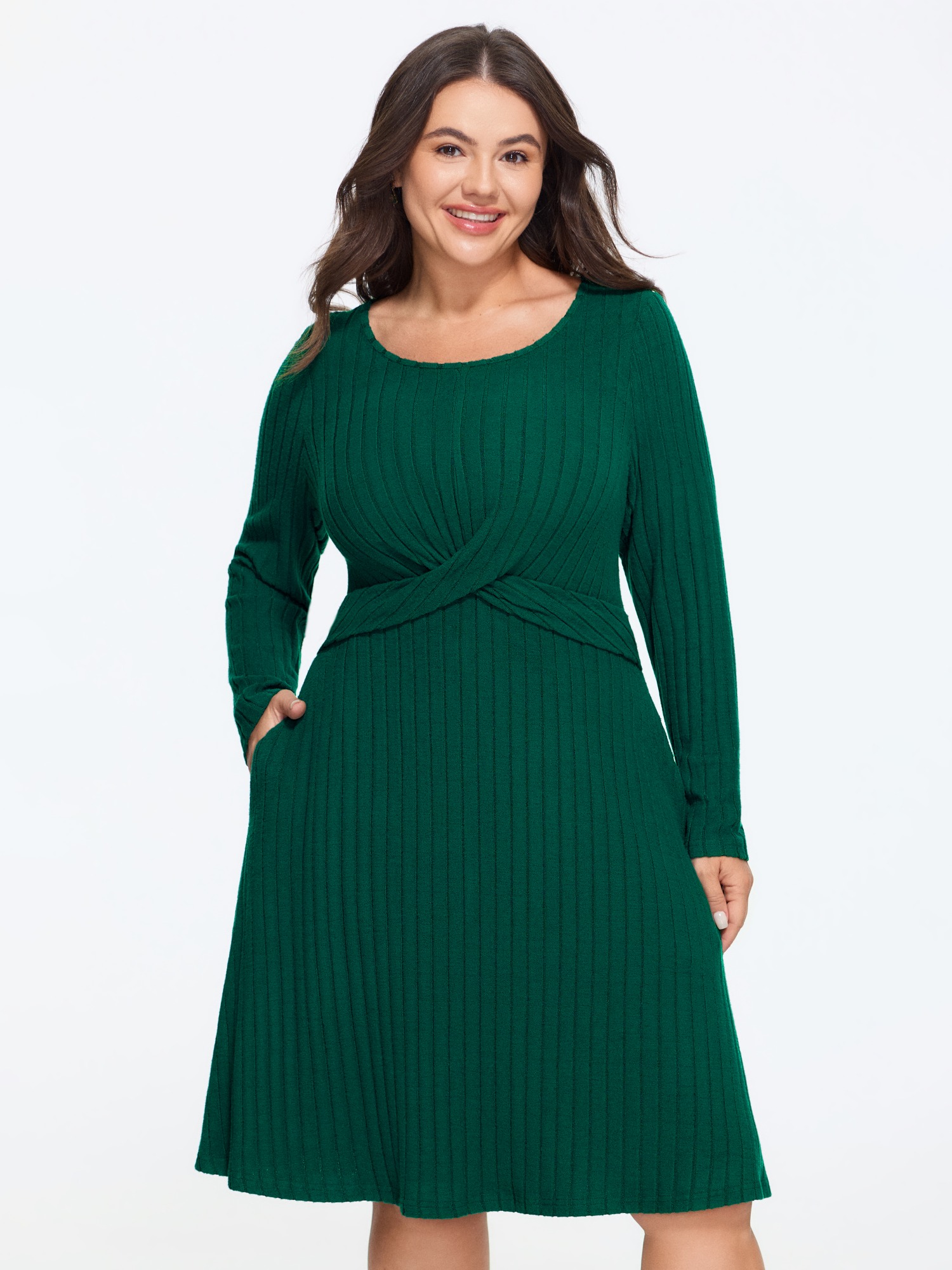 BloomChic Plus Size Stretchy Twist Front Pocket Ribbed Mini Dress - Curve Ladies Evergreen 节庆款 Long Sleeve Solid Side Pocket Daily Dresses 22-24/2X