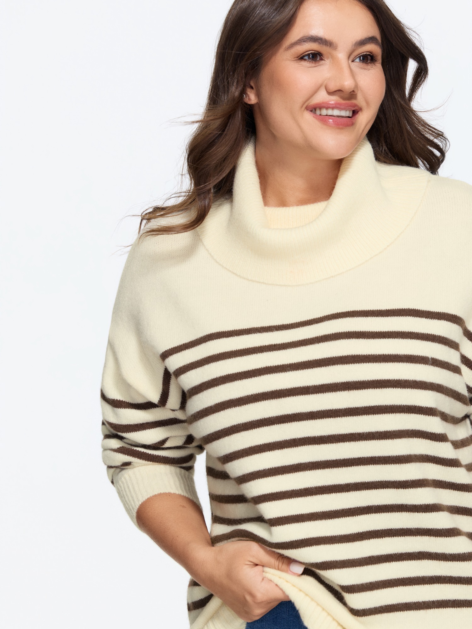 BloomChic Women's Plus Size Stripe Cowl Neck Drop Shoulder Pullover Whisper White Long Sleeve Funnel Neck 10/M