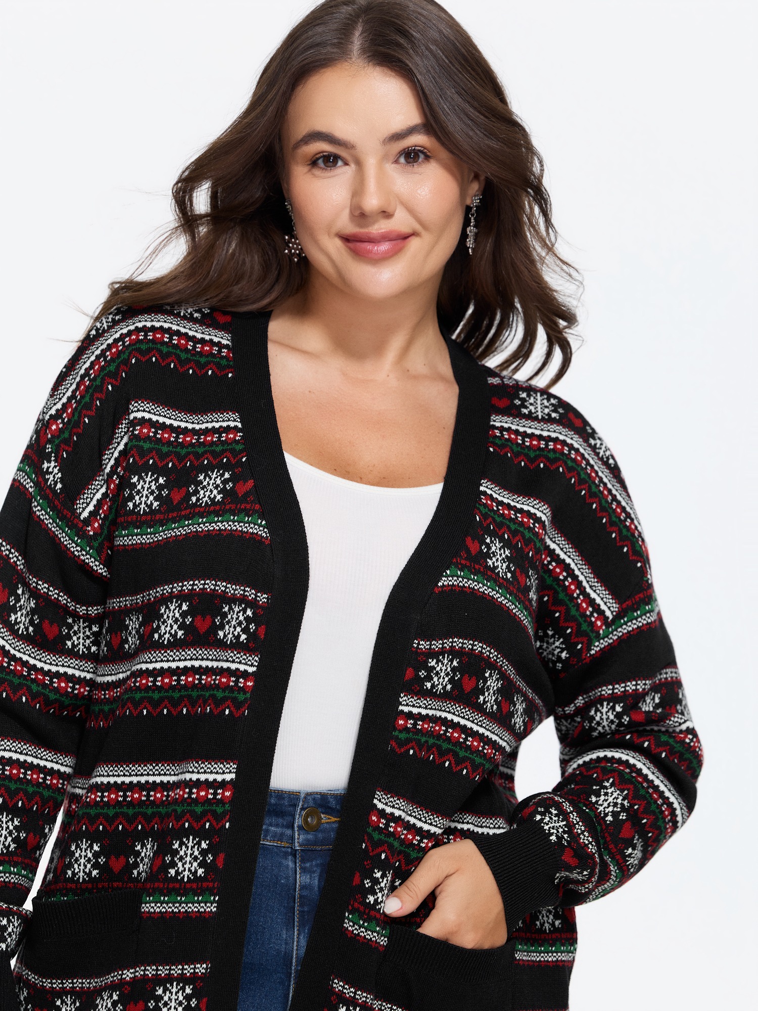 BloomChic Women's Plus Size Supersoft Snowflake Heart Pattern Pocket Open Front Cardigan Black Long Sleeve V-Neck 10/M