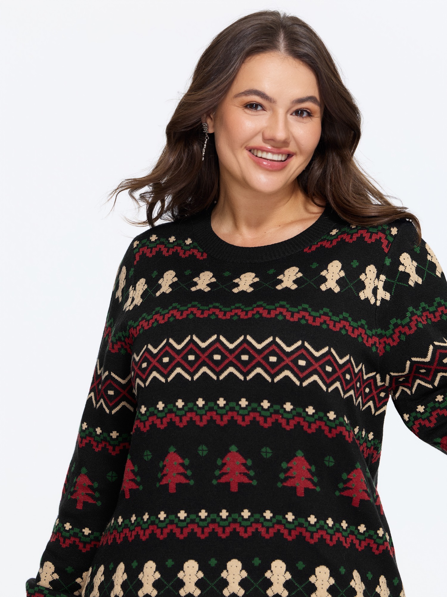 BloomChic Women's Plus Size Gingerbread Man Christmas Tree Crew Neck Pullover Black Long Sleeve Round Neck 10/M