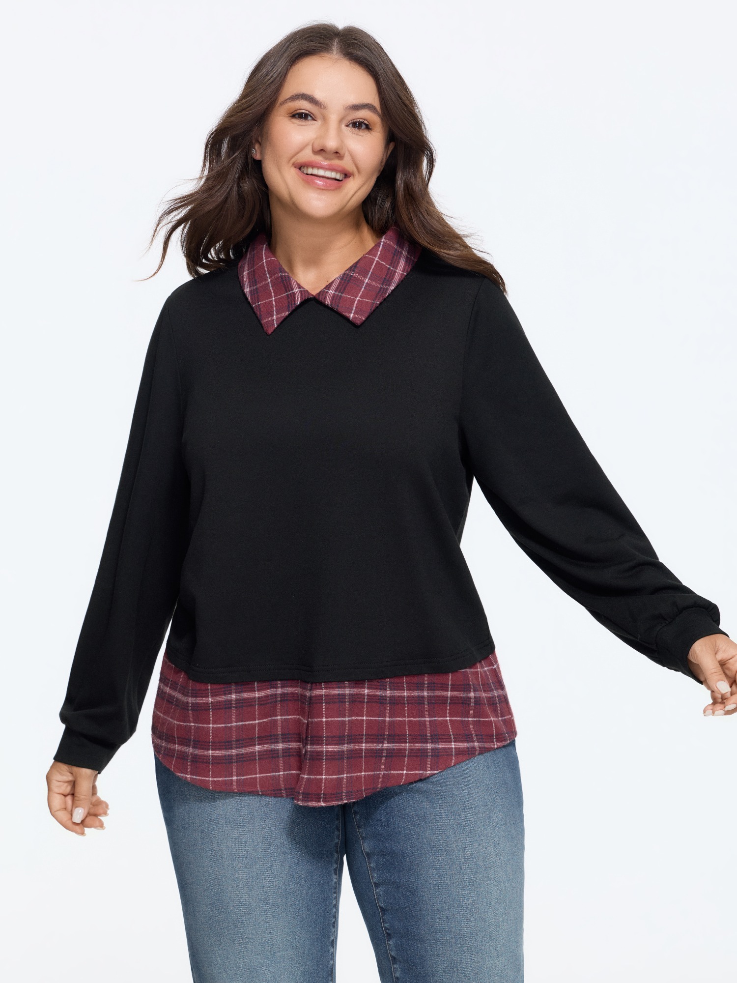 BloomChic Plus Size 2 In 1 Plaid Collar Sweatshirt - Women's Black Star & Moon Round Neck Comfort Midsection Fit Long Sleeve Leisure Sweatshirts 14/M
