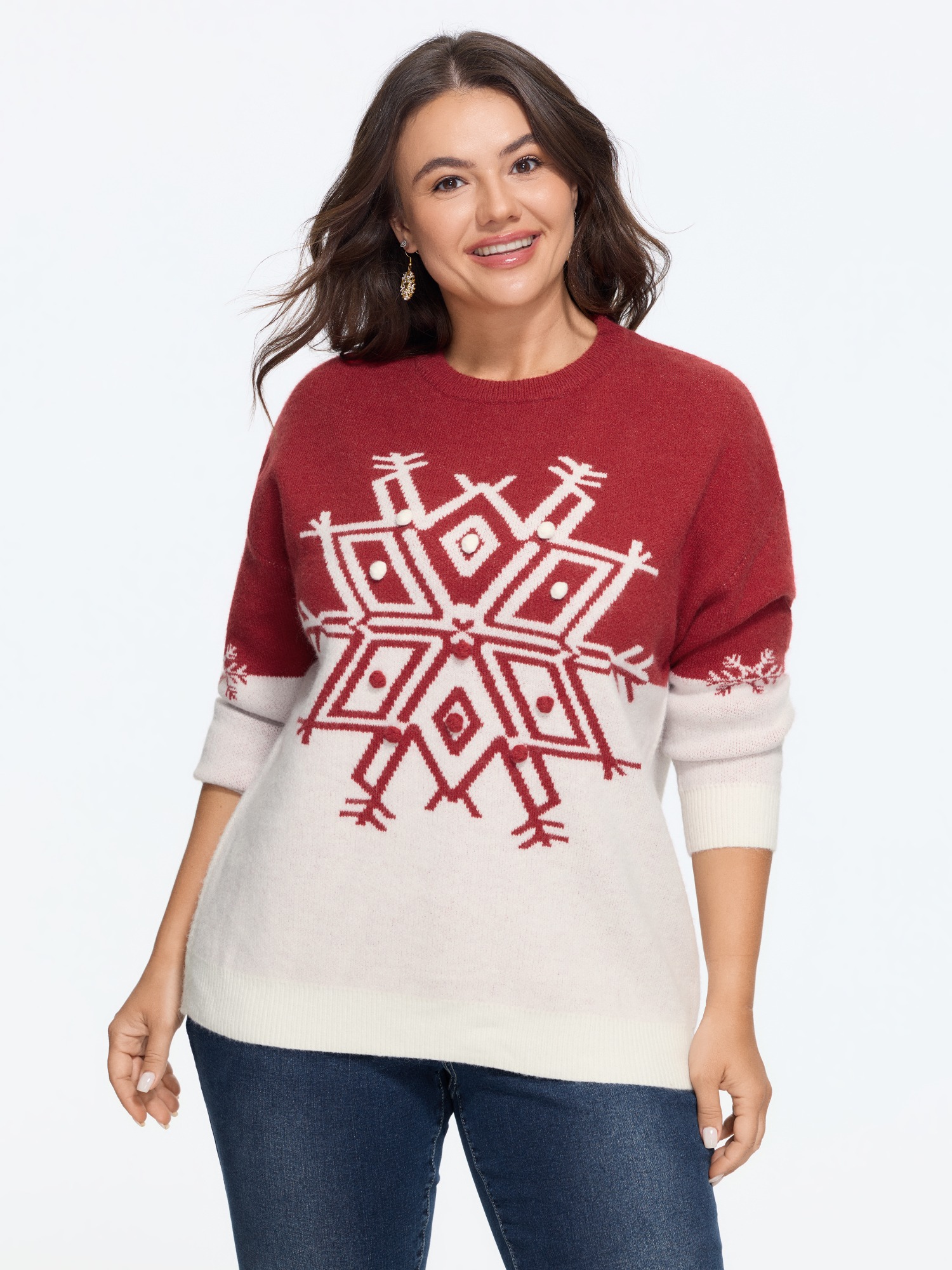 BloomChic Plus Size Color Block Snowflake Pattern Crew Neck Pullover - Curve Women's Winter Round Neck Cocoon Colorblock Easy Pull-On Pompeiam Red Ribbed Cuff Sleeve Pullovers 14/M