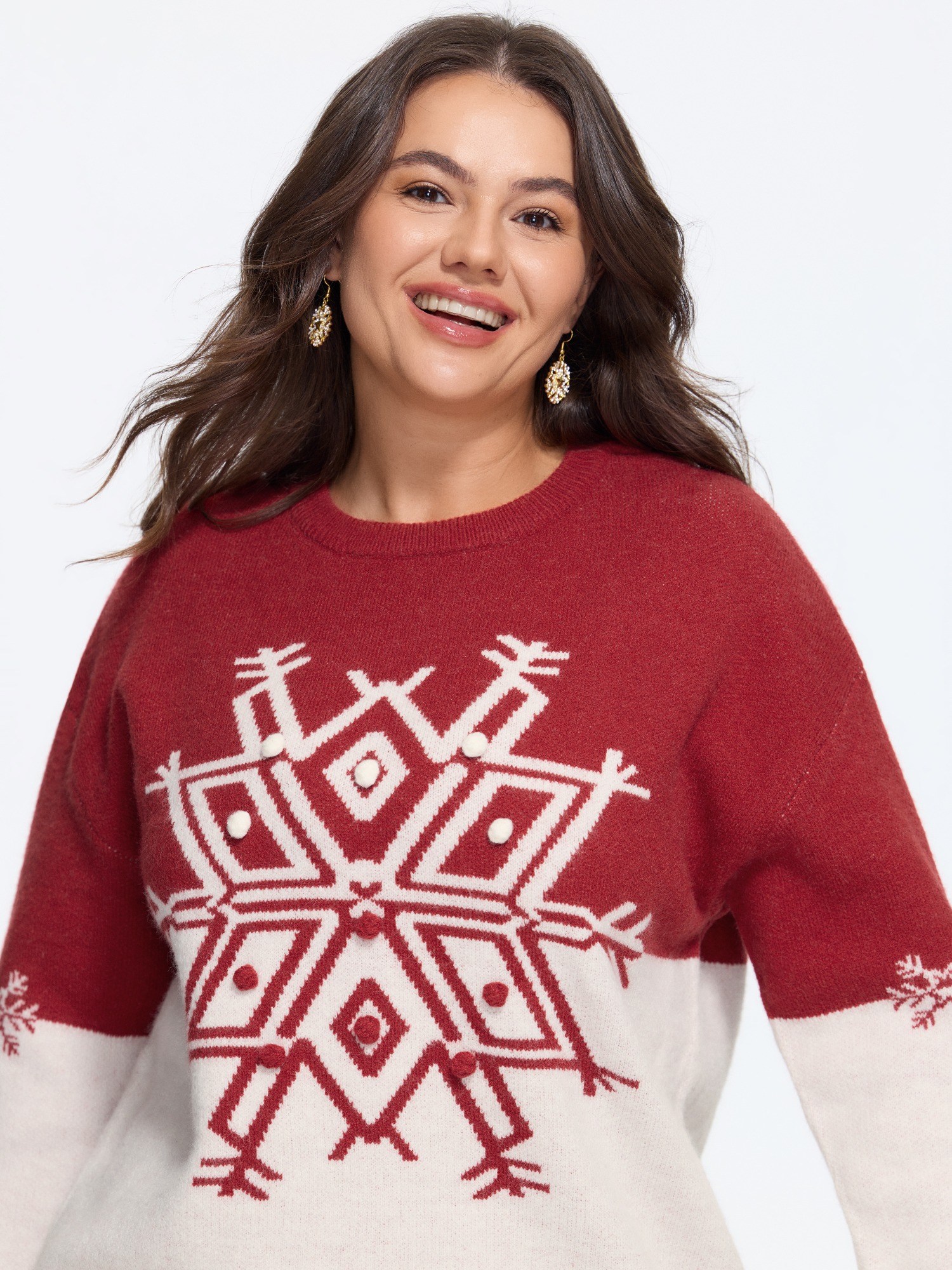 BloomChic Women's Plus Size Color Block Snowflake Pattern Crew Neck Pullover Pompeiam Red Long Sleeve Round Neck 10/M