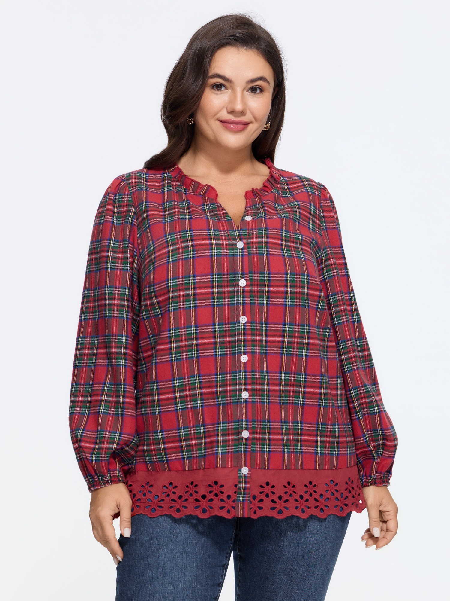 BloomChic Plus Size Plaid Ruffle Neck Eyelet Hem Blouse - Women's Urban Red Plaid V-Notch Neck Comfort Sleeve Fit Long Sleeve 节庆款 Shirts 34/6X