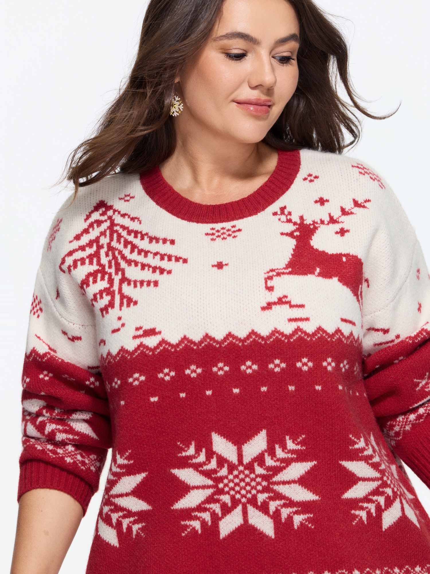 BloomChic Women's Plus Size Reindeer Snowflake Pattern Crew Neck Pullover Urban Red Long Sleeve Round Neck 10/M