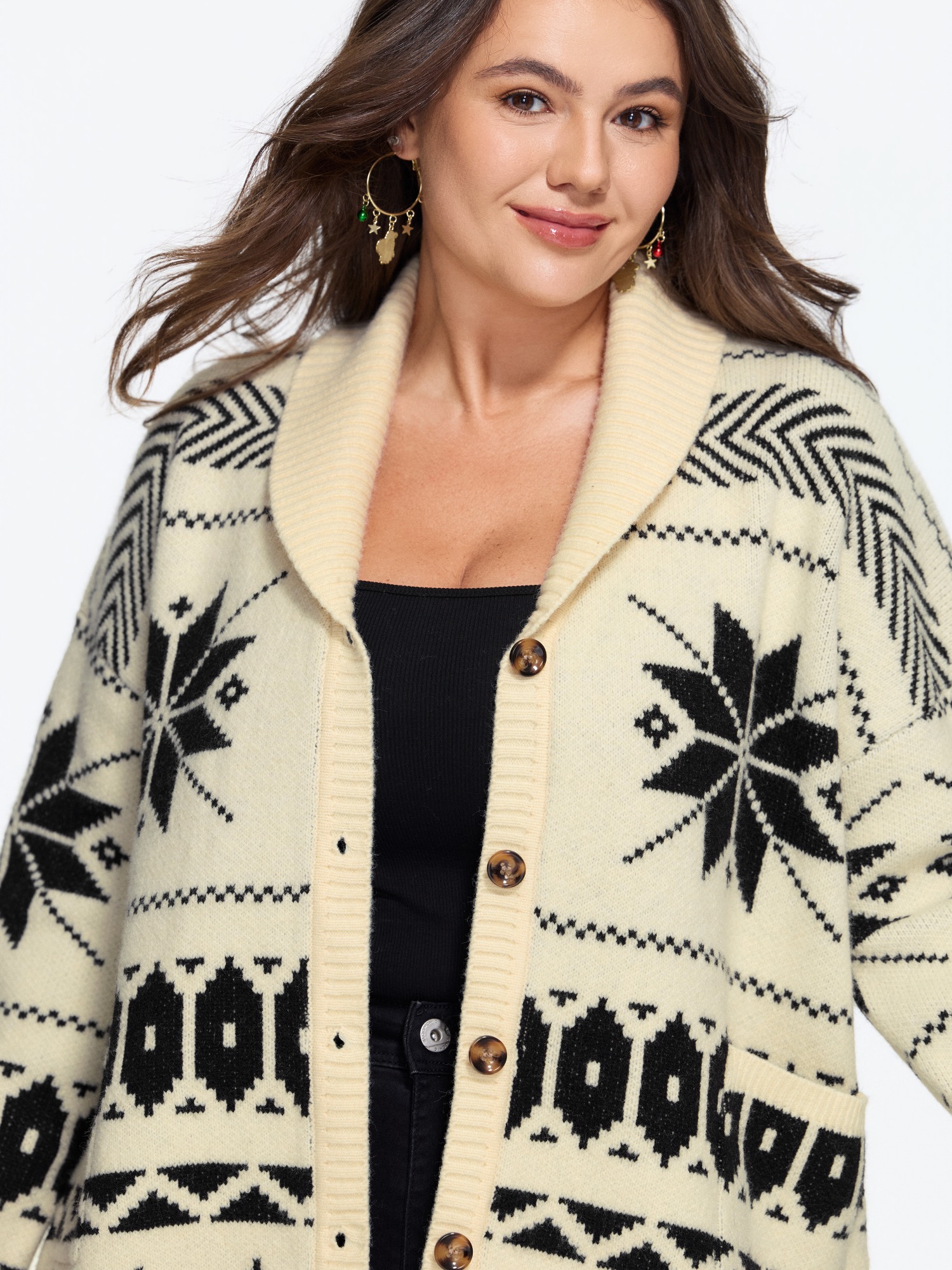 BloomChic Plus Size Shawl Collar Snowflake Geo Pattern Cardigan - Curve Women's Winter Wide Lapel Cocoon Button Front Easy Pull-On Whisper White Button Closure Cardigans 34/6X