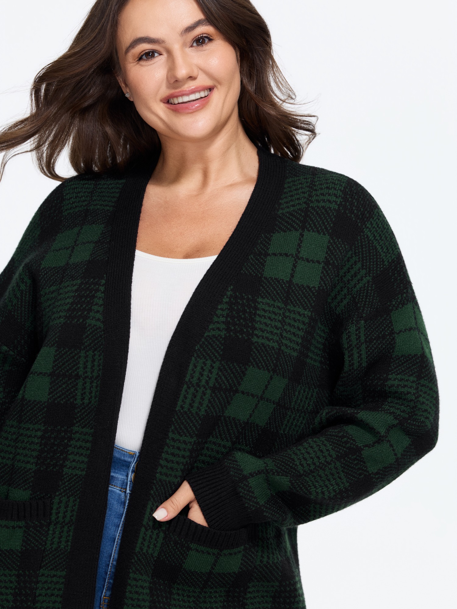 BloomChic Plus Size Supersoft Plaid Pocket Open Front Cardigan - Curve Women's Winter V-Neck Straight fit Dark Green Open Front Cardigans 22-24/2X