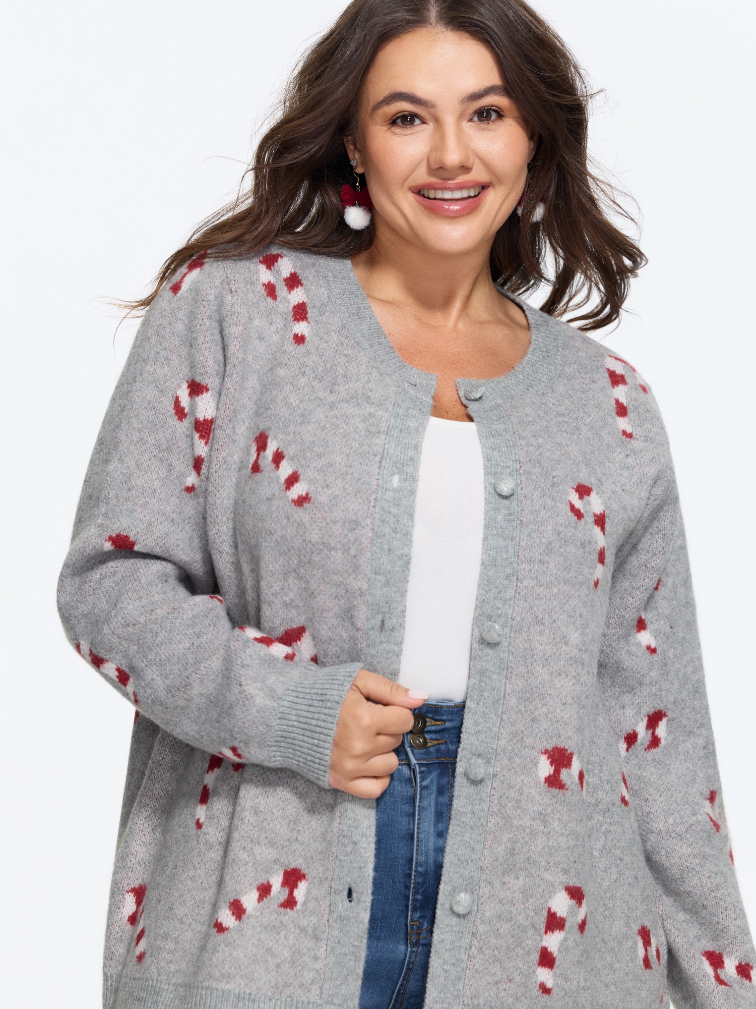 BloomChic Women's Plus Size Christmas Candy Cane Pattern Button Front Cardigan Opal Gray Long Sleeve Round Neck 10/M