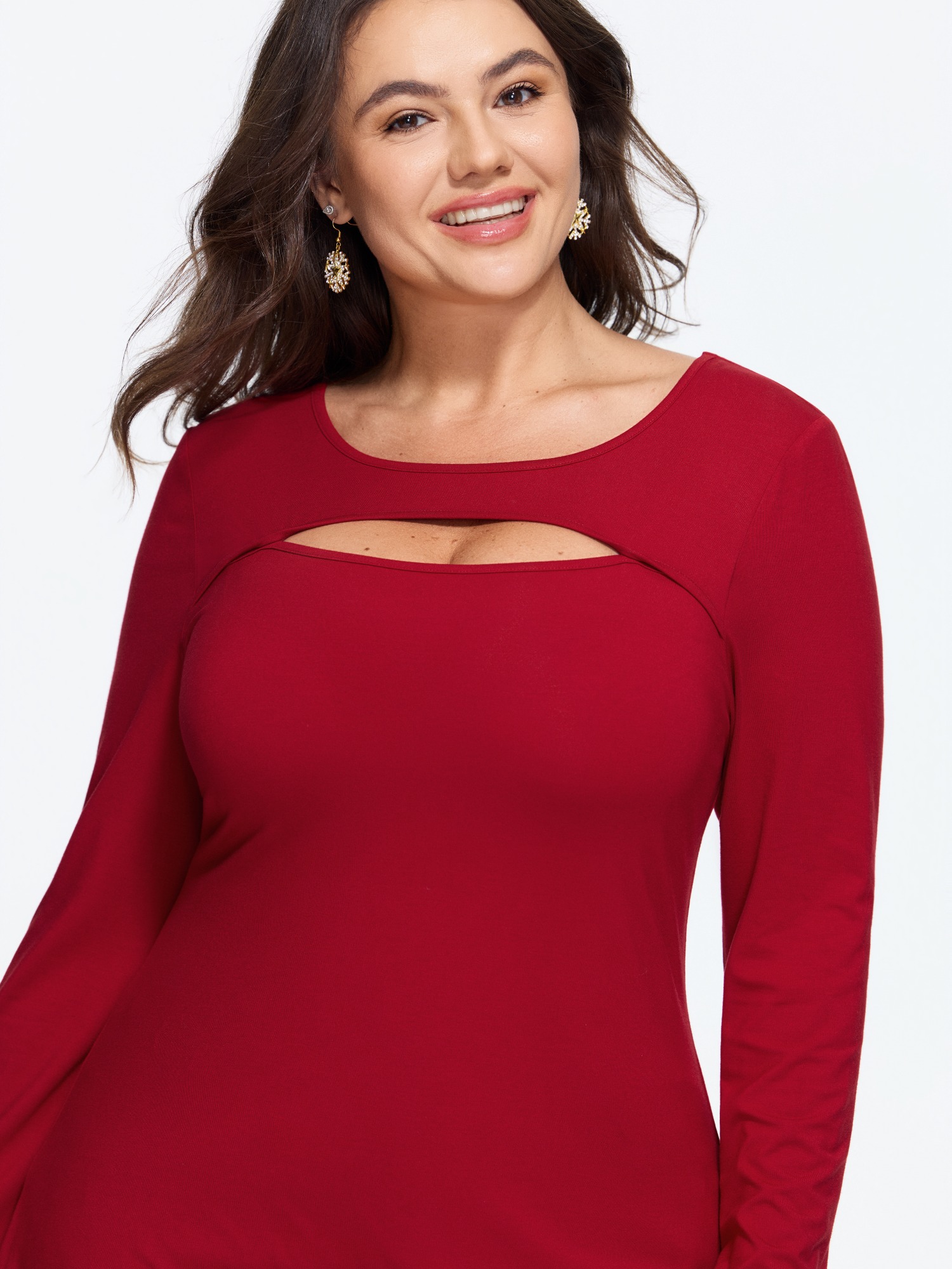 BloomChic Plus Size Supersoft Round Neck Chest Cut Out T-Shirt - Women's Urban Red Solid Round Neck Comfort Midsection Fit Long Sleeve Playful T-shirts 22-24/2X