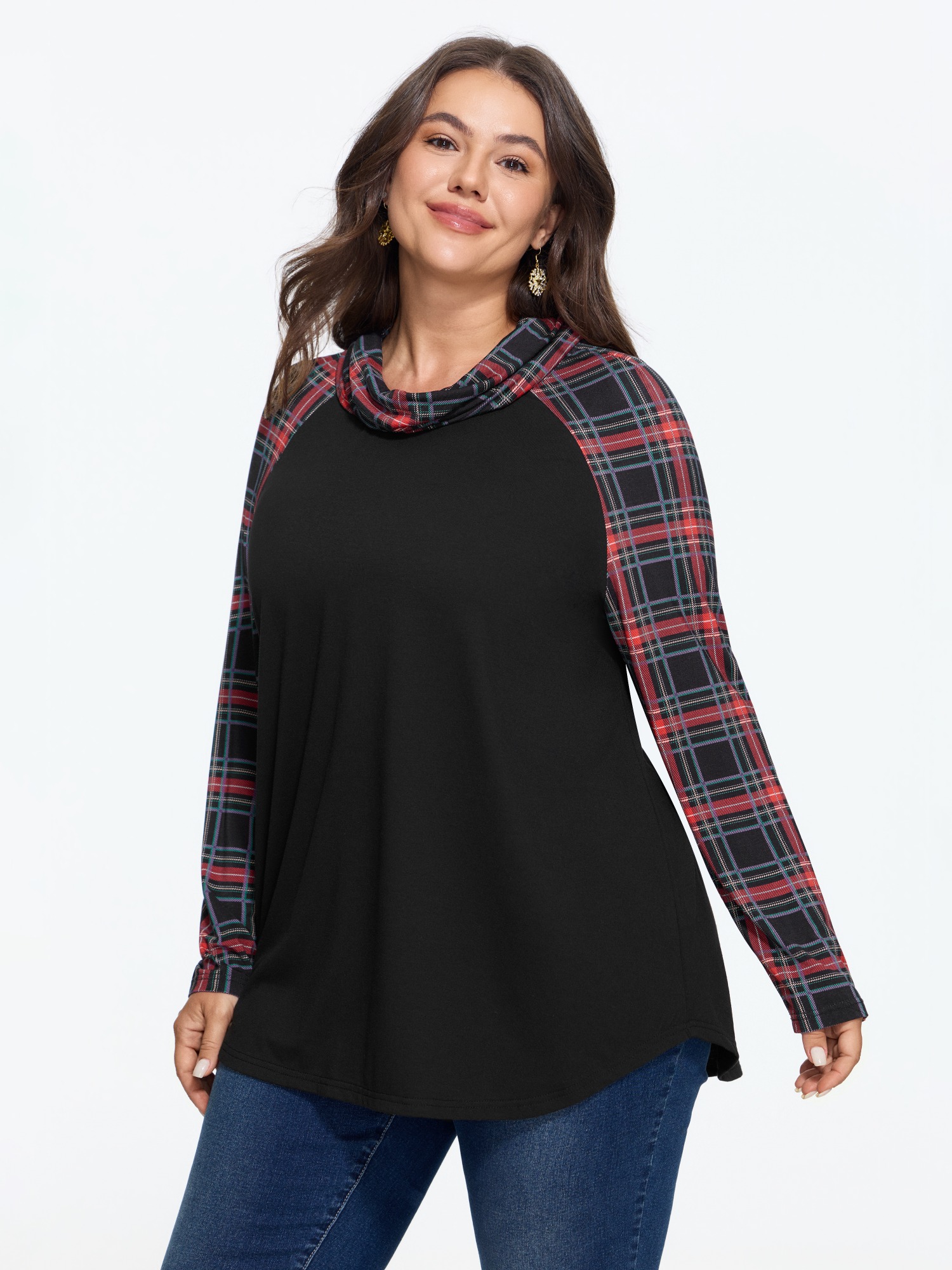 BloomChic Women's Plus Size Supersoft Cowl Neck Plaid Color Block T-Shirt Black Plaid Everyday-Casual Long Sleeve Funnel Neck 10/M