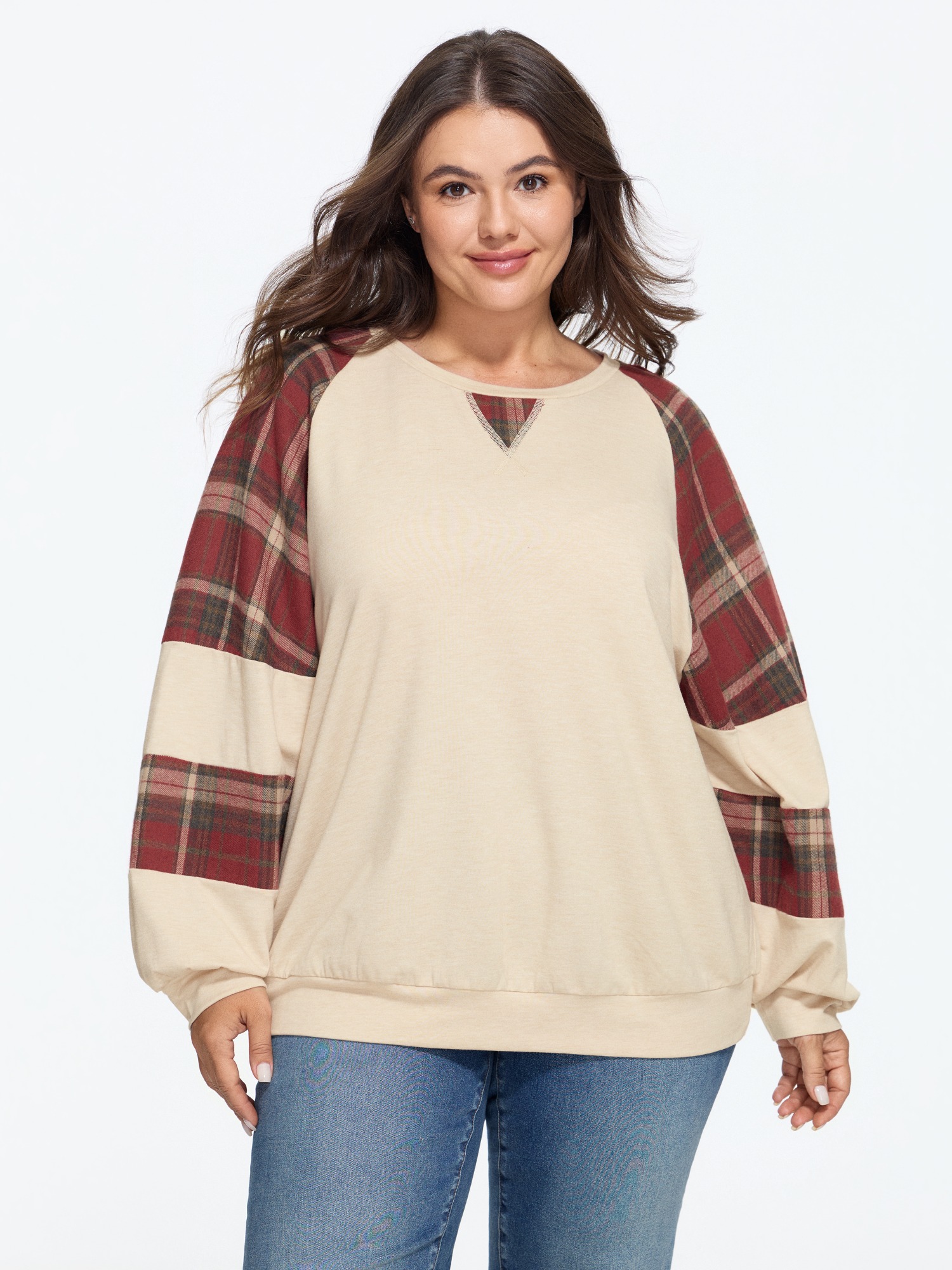BloomChic Women's Plus Size Stretchy Christmas Plaid Patchwork Sweatshirt White Swan Everyday-Casual Round Neck 10/M