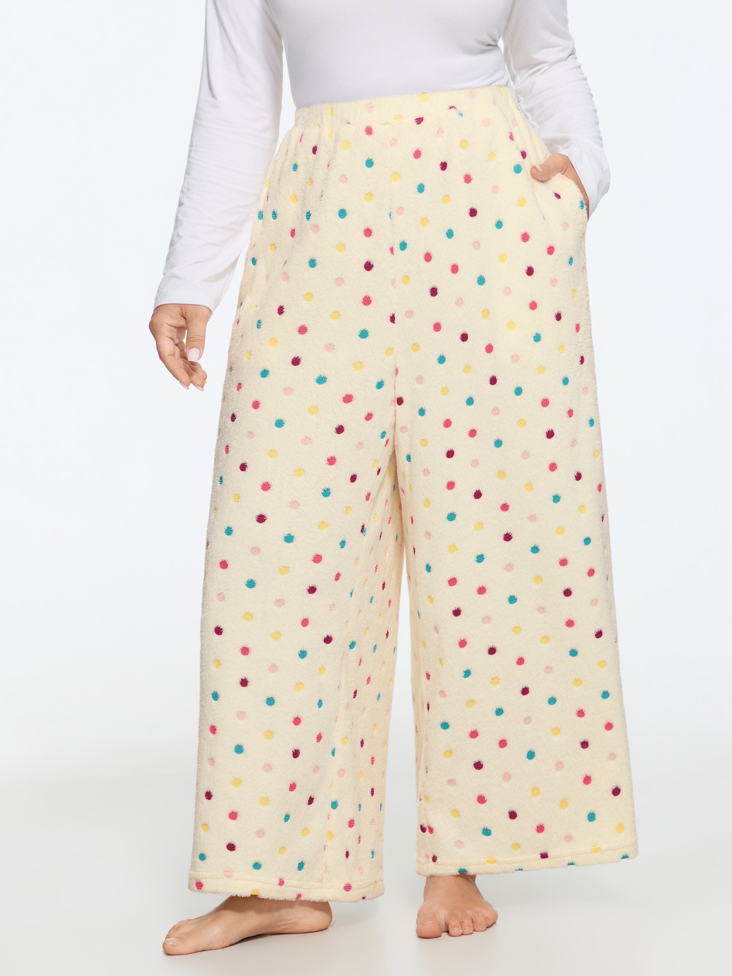 BloomChic Women's Plus Size Supersoft Colorful Polka Dot Fuzzy Lounge Bottoms Whisper White 10/M
