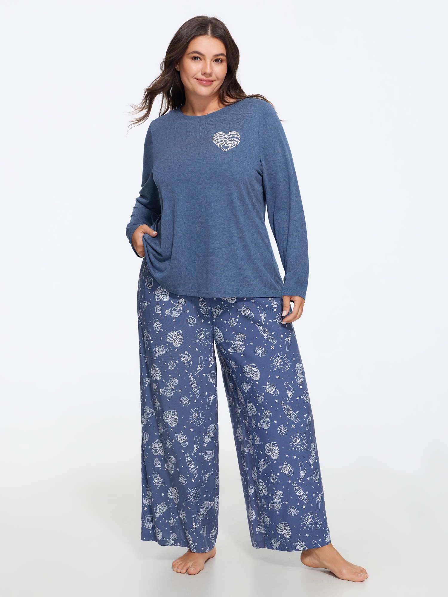 BloomChic Women's Plus Size Supersoft Graphic Print Loungewear Set Blue Yonder Art Print Long Sleeve Non 10/M