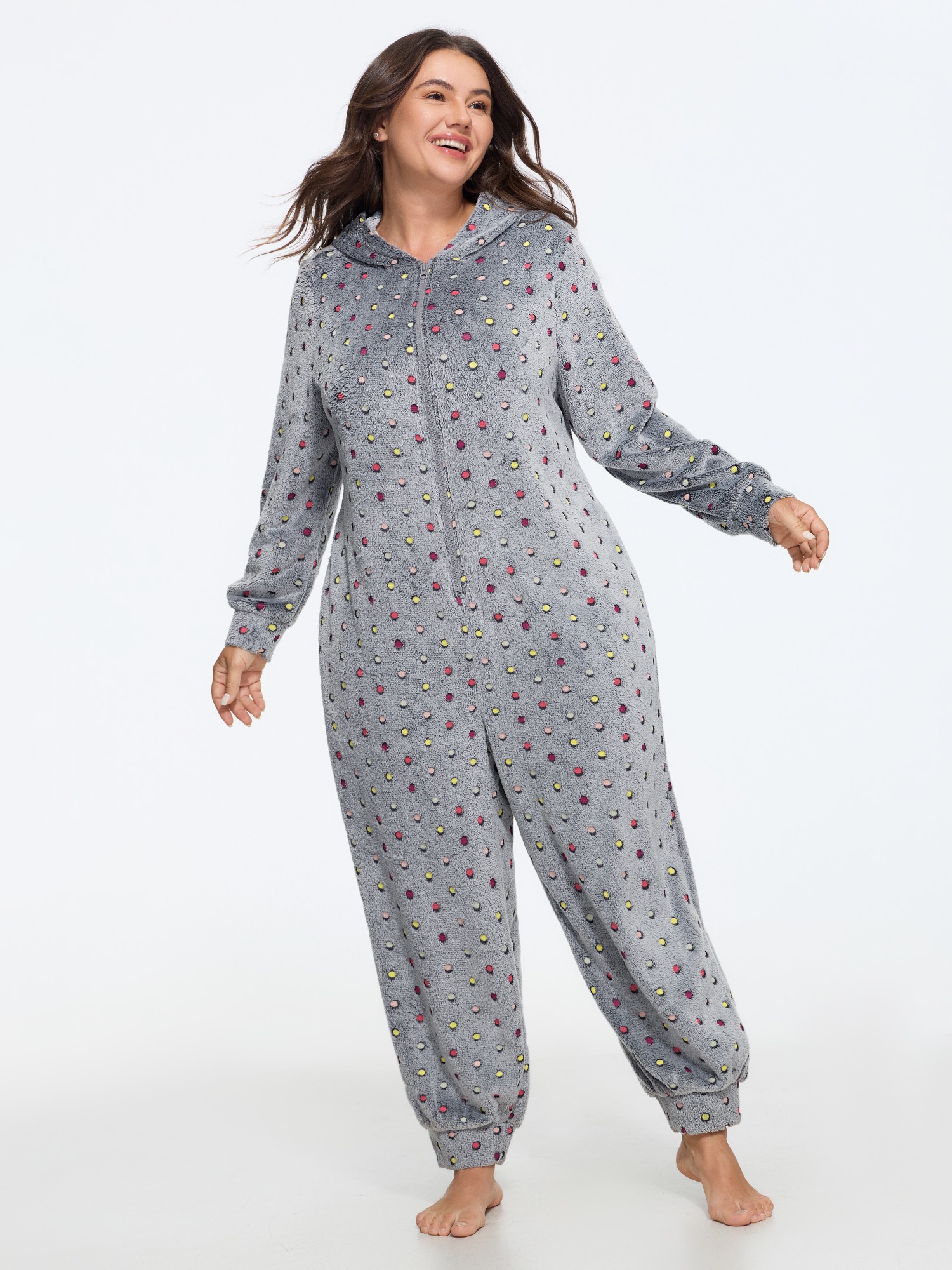 BloomChic Women's Plus Size Polka Dot Fleece Zip Up Hooded Lounge Jumpsuit Dark Core not graphics 30/6X