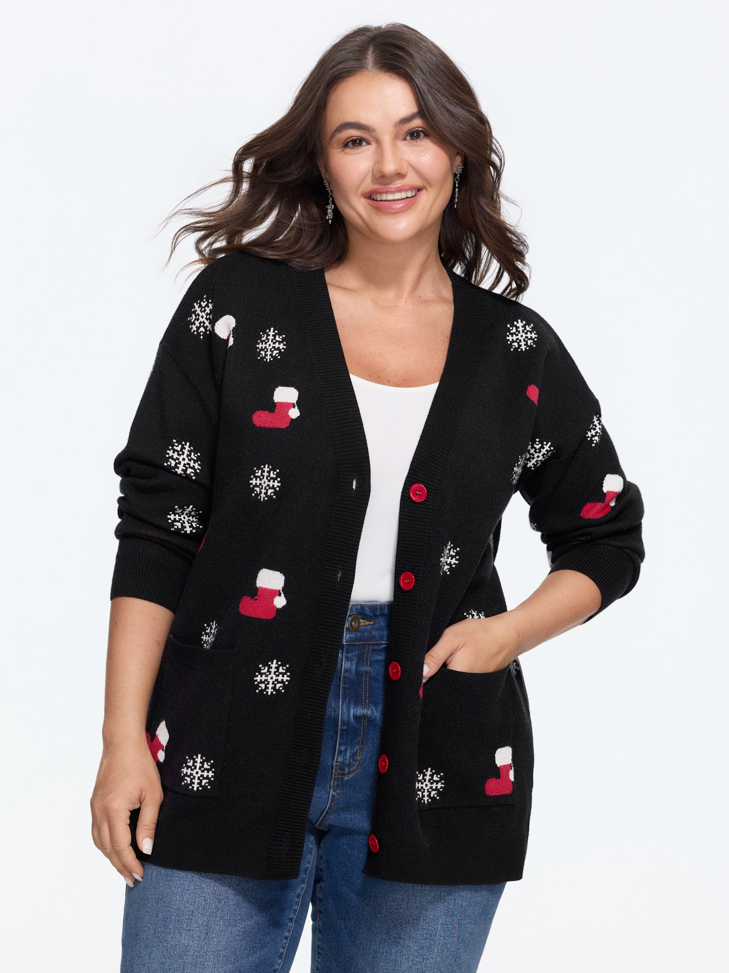 BloomChic Women's Plus Size Supersoft Christmas Stocking Snowflake Pattern Pocket Cardigan Black Long Sleeve V-Neck 10/M