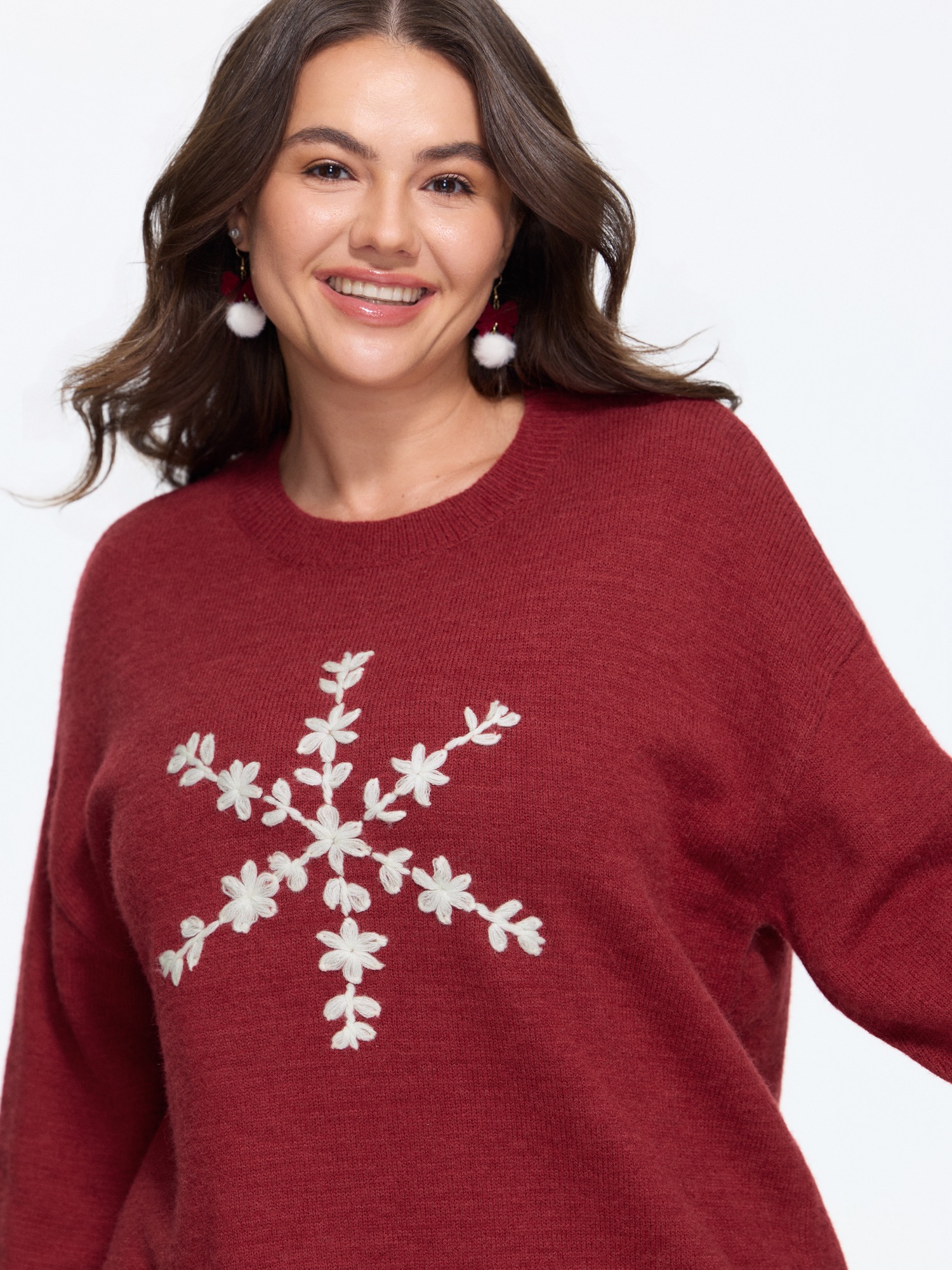 BloomChic Women's Plus Size Textured Snowflake Embroidered Crew Neck Pullover Lava Falls Christmas Long Sleeve Round Neck 10/M