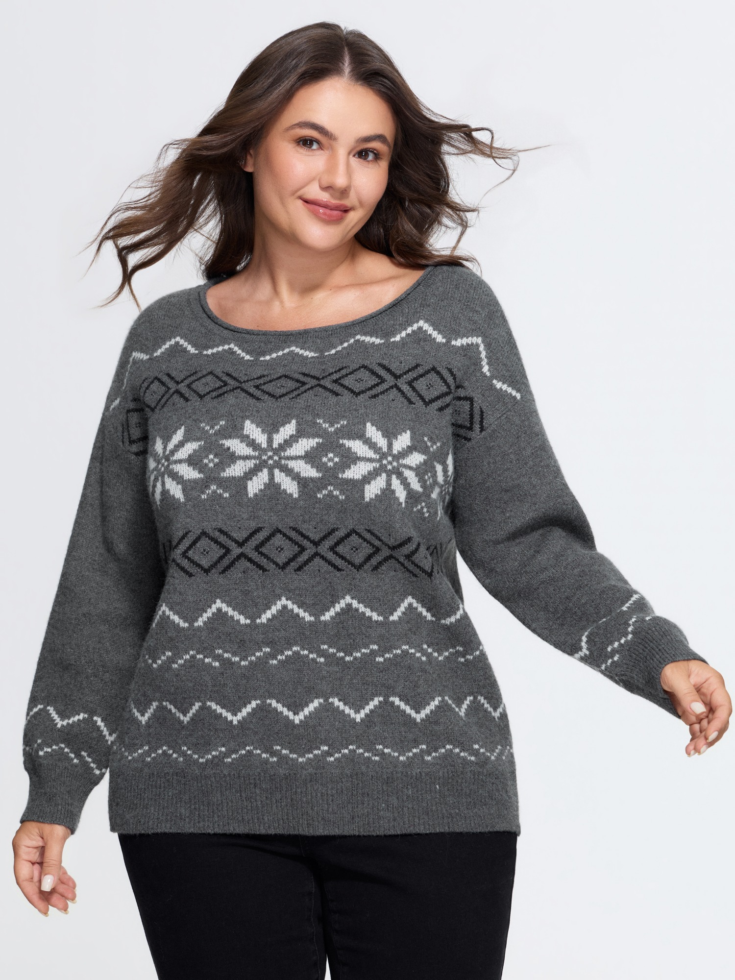 BloomChic Plus Size Snowflake Pattern Crew Neck Pullover - Curve Women's Winter Round Neck Cocoon Colorblock Easy Pull-On Charcoal Gray Lantern Sleeve Pullovers 14/M