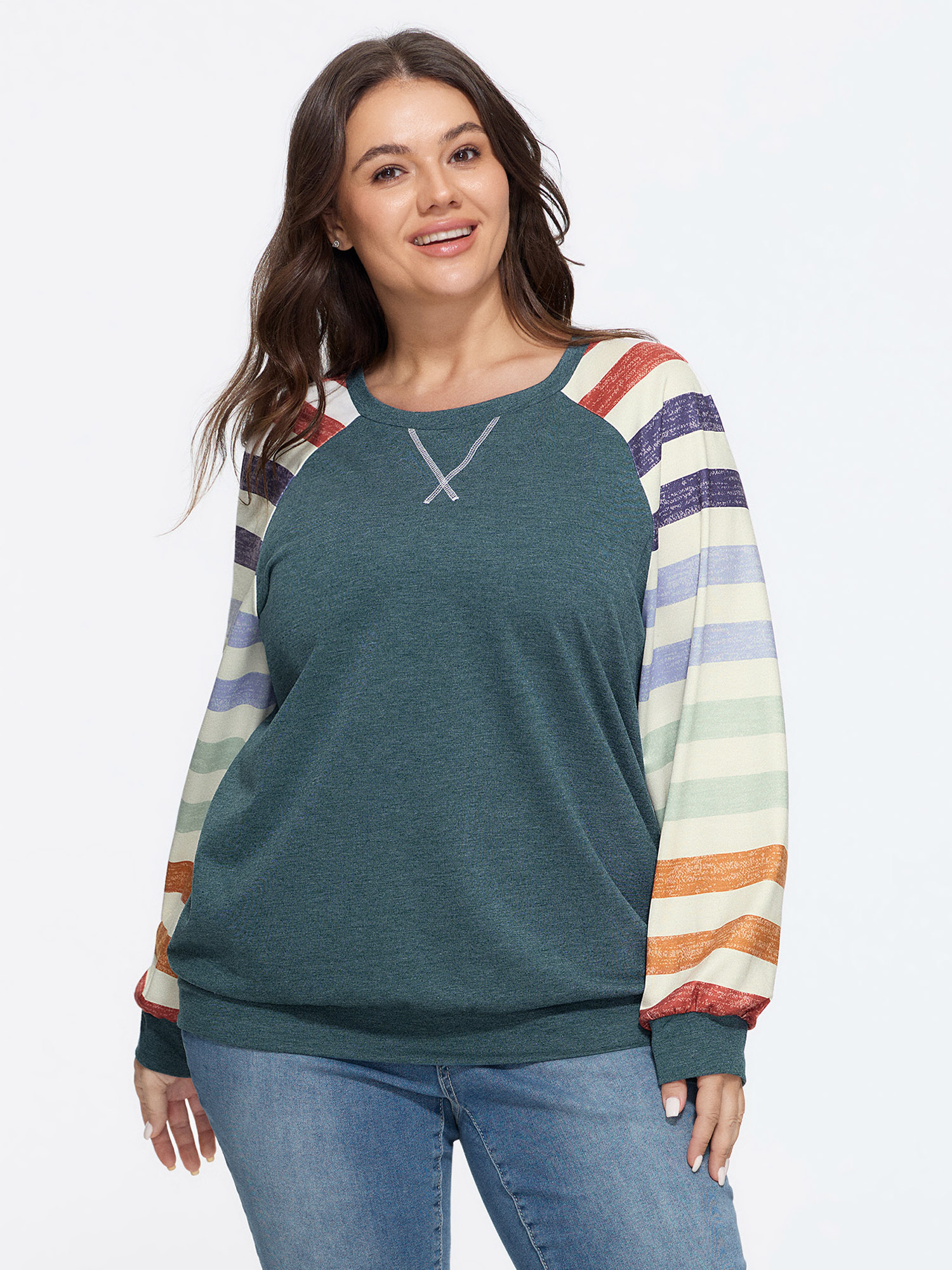 BloomChic Women's Plus Size Supersoft Colorful Striped Sleeve Criss‑Cross Stitch Sweatshirt Hunter Green Everyday-Casual Round Neck 10/M