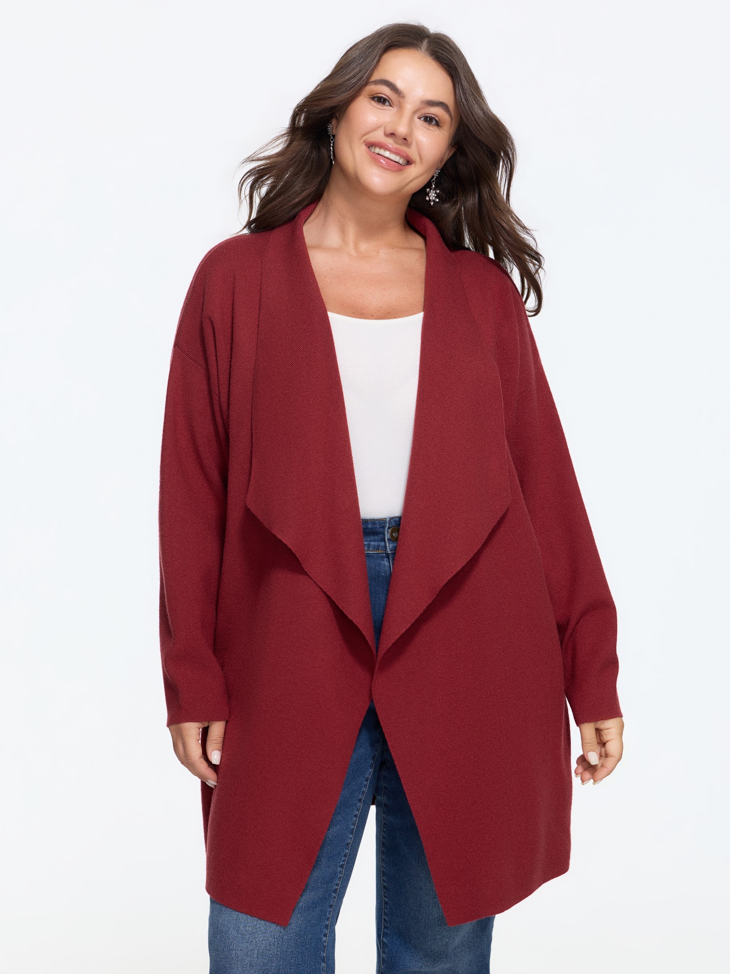 BloomChic Plus Size Waterfall Collar Open Front Cardigan - Curve Women's Winter Wide Lapel Straight fit Lava Falls Open Front Cardigans 14/M