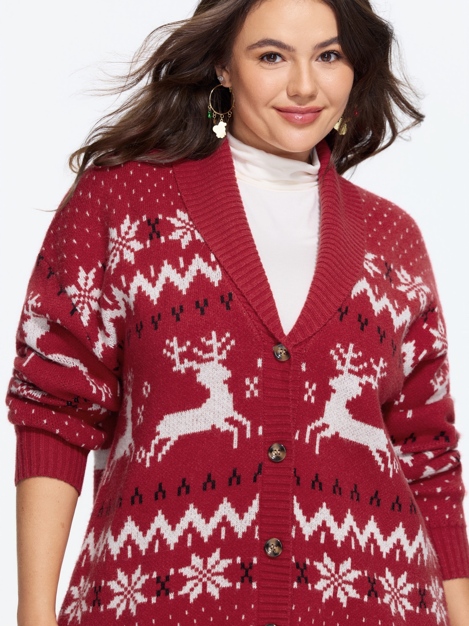 BloomChic Women's Plus Size Reindeer Snowflake Button Front Cardigan Pompeiam Red Long Sleeve Wide Lapel 28/5X