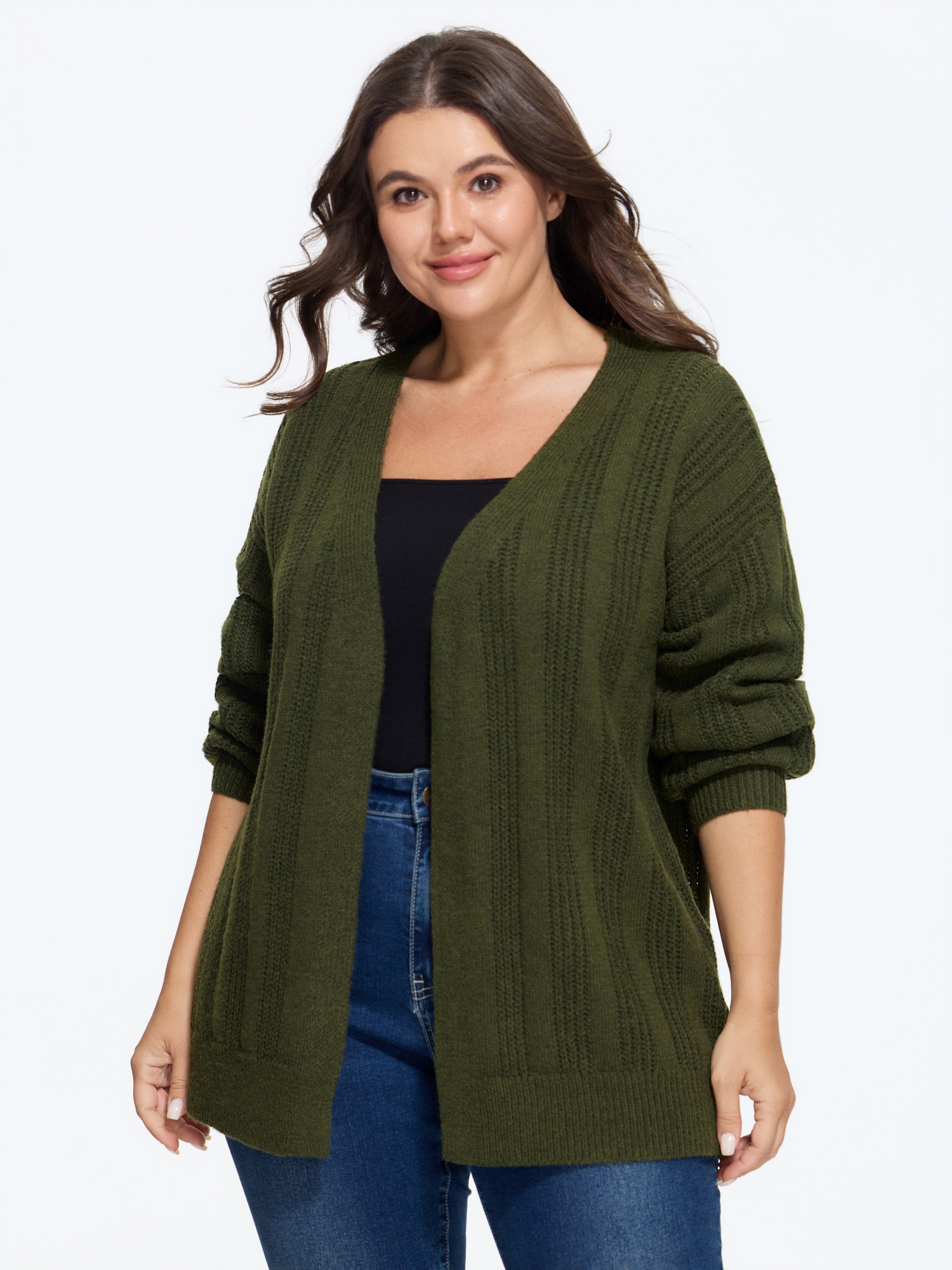 BloomChic Women's Plus Size V Neck Ribbed Knit Open Front Cardigan Black Forest Long Sleeve V-Neck 10/M