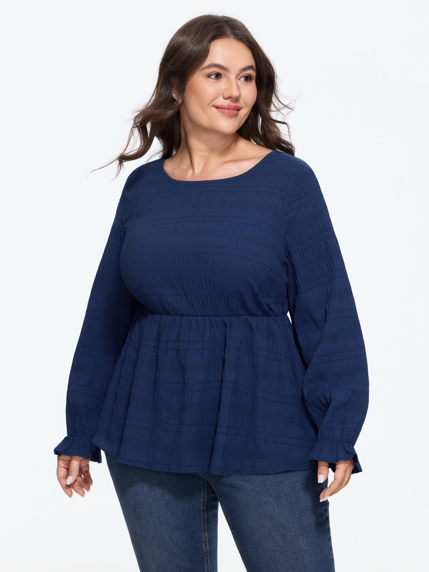 BloomChic Women's Plus Size Textured Round Neck Ruffle Cuff Blouse Estate Blue Solid Everyday-Casual Long Sleeve Round Neck 10/M