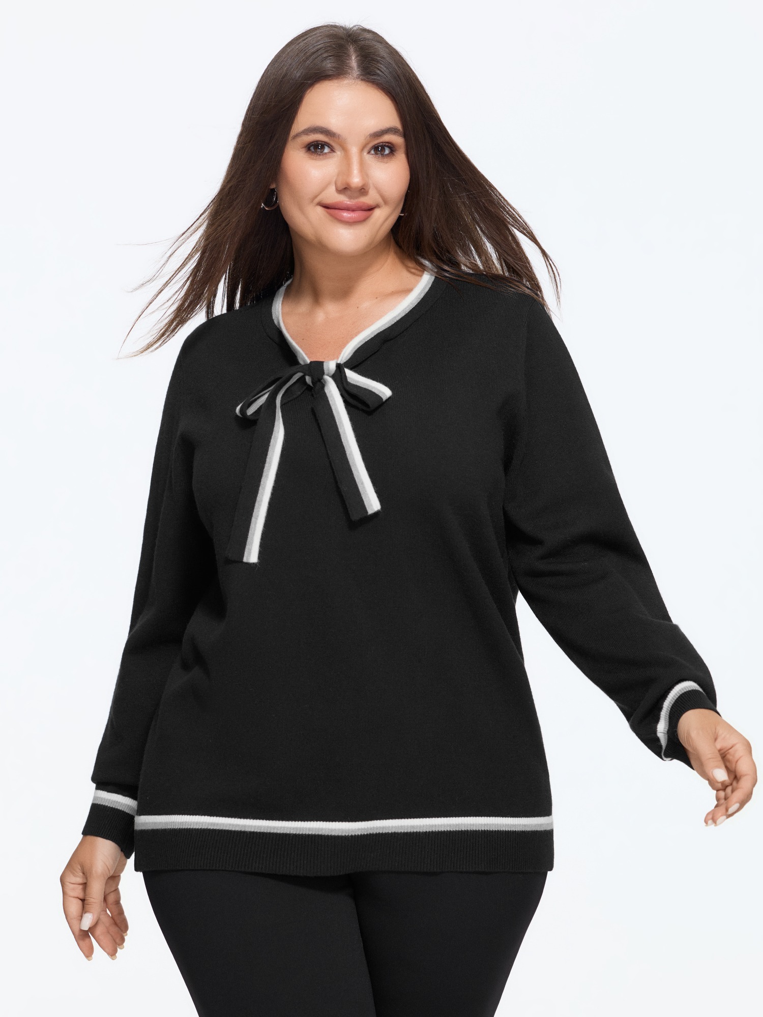 BloomChic Women's Plus Size Bow Tie Neck Color Block Trim Pullover Black Long Sleeve Knotted Neckline 10/M