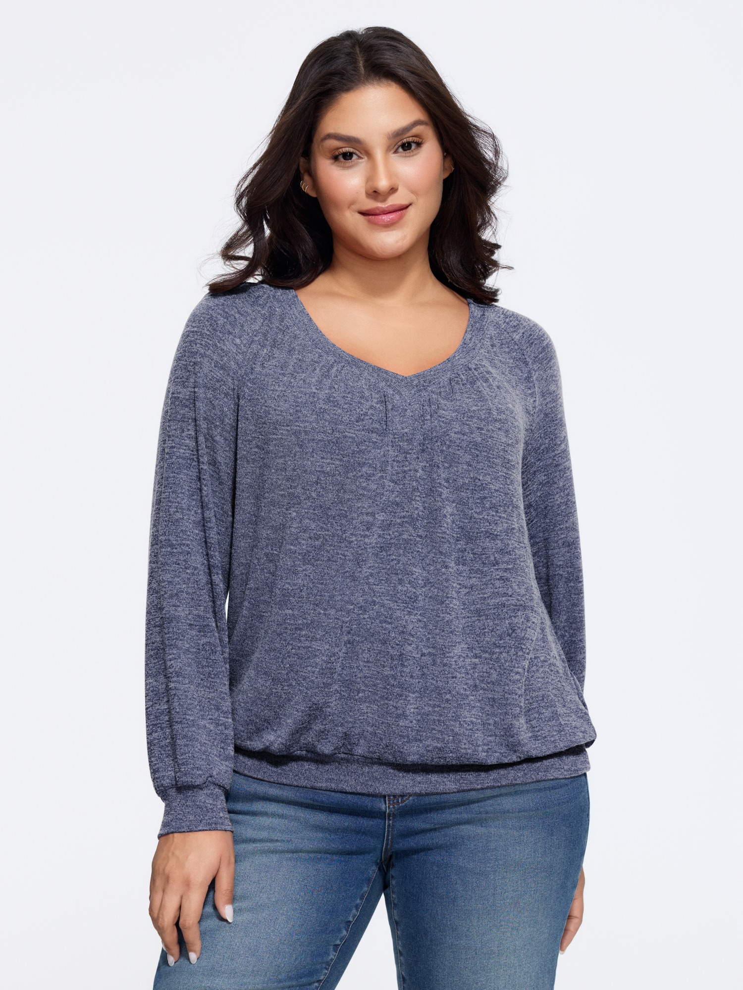 BloomChic Women's Plus Size Supersoft Heather Front Pleat Top Estate Blue Long Sleeve Everyday-Casual V-Neck 10/M