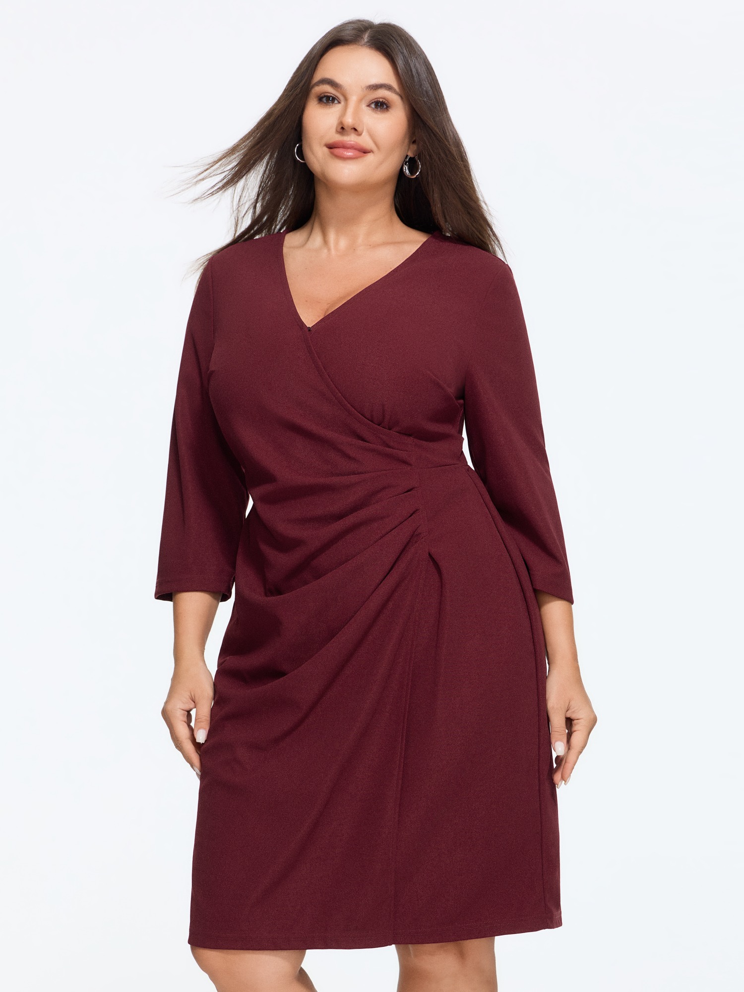BloomChic Women's Plus Size V Neck 3/4 Sleeve Wrap Ruched Mini Dress Burgundy Solid Mini Office Non 10/M