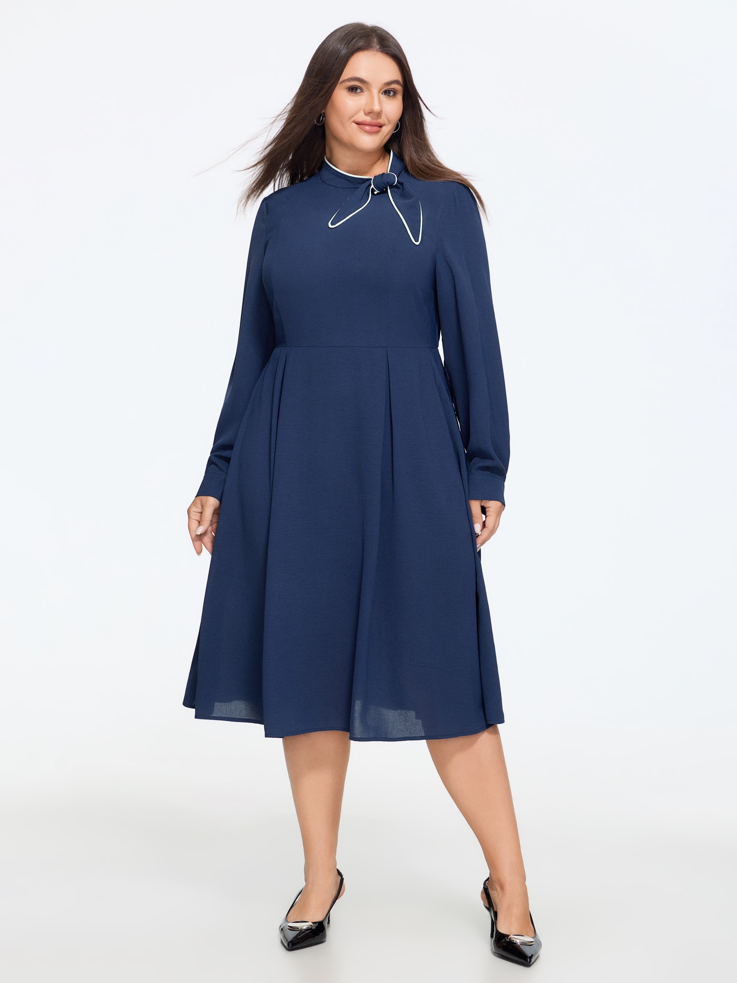 BloomChic Women's Plus Size Stand Collar Neck Tie Pleated Midi Dress Ocean Solid Midi Office Patchwork 10/M