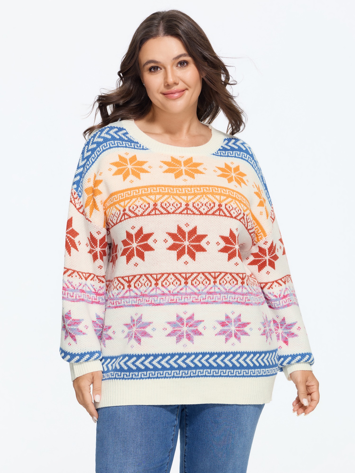 BloomChic Women's Plus Size Color Block Snowflake Pattern Crew Neck Pullover Whisper White Long Sleeve Round Neck 10/M