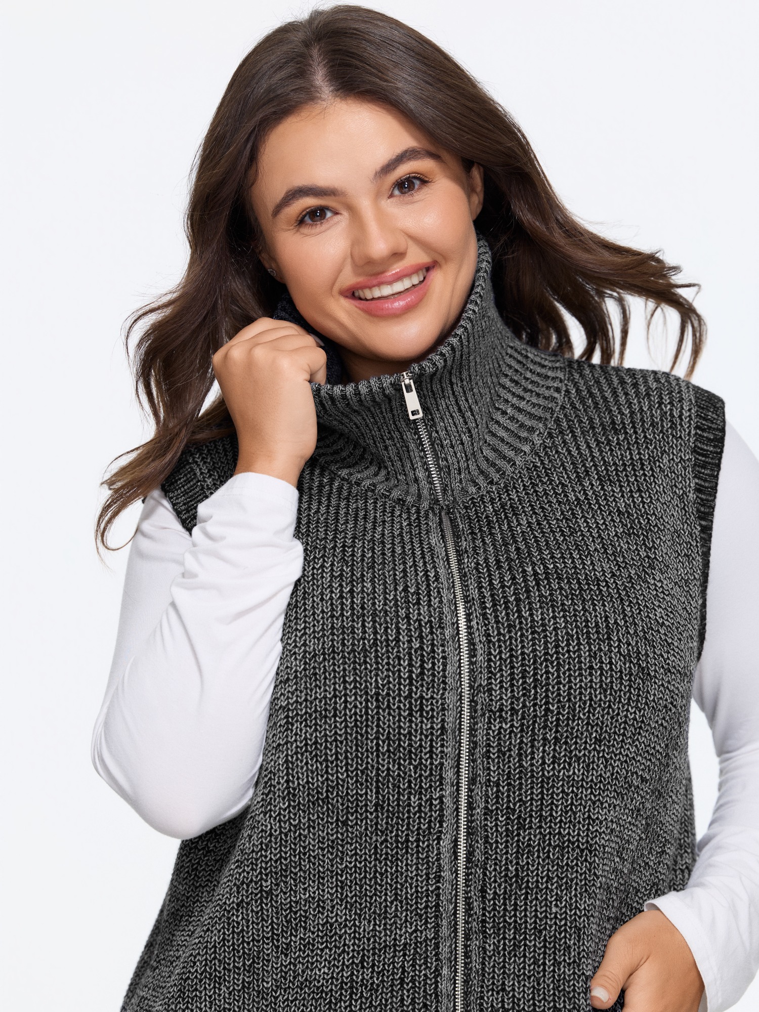BloomChic Textured Collared Pocket Zip Up Sweater Vest Women's Plus Size Women Dark Core Wide Lapel 10/M