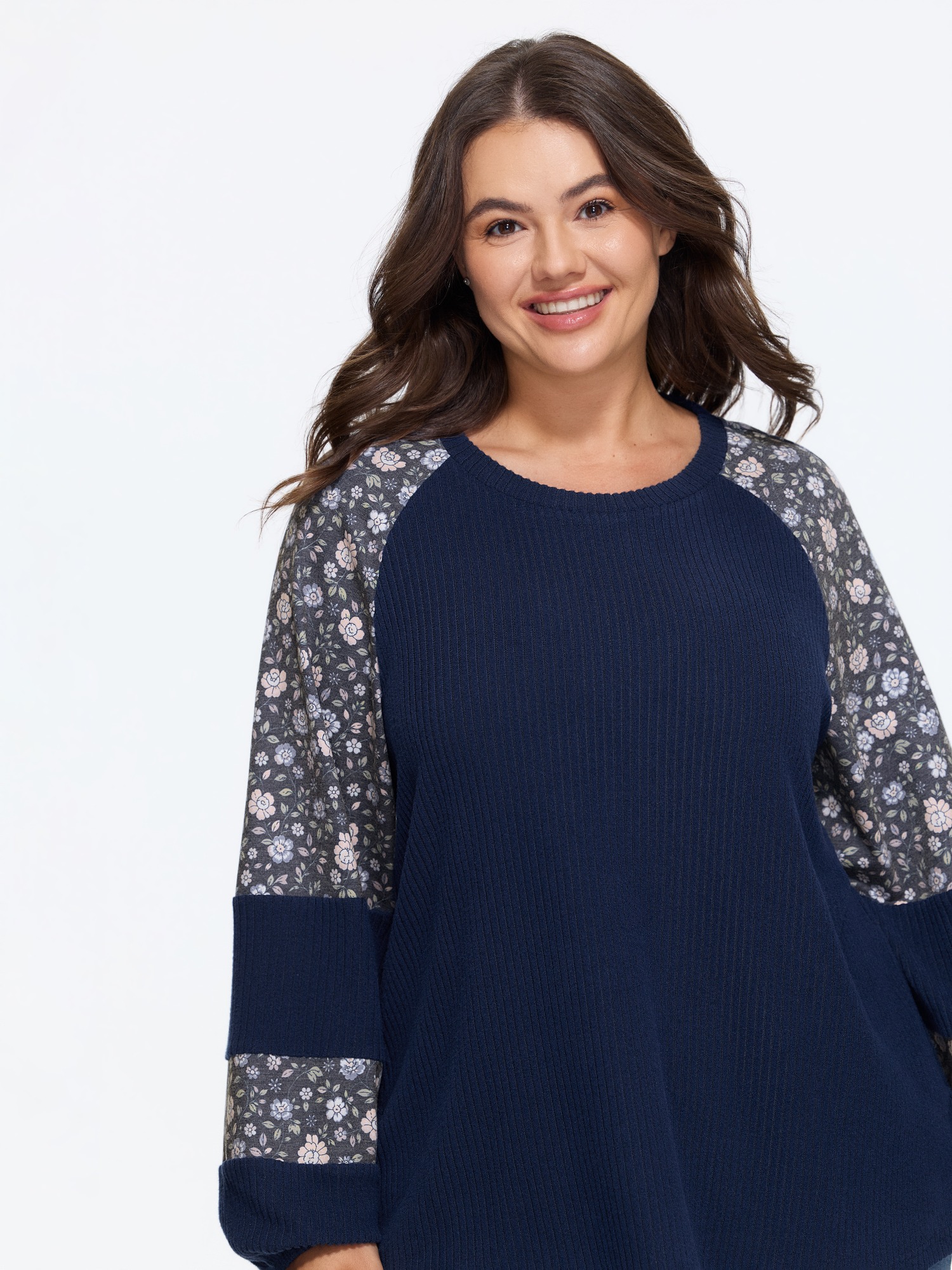 BloomChic Women's Plus Size Floral Print Raglan Sleeve Patchwork Ribbed Knit T-Shirt Multicolor Color Block Everyday-Casual Long Sleeve Round Neck 10/M
