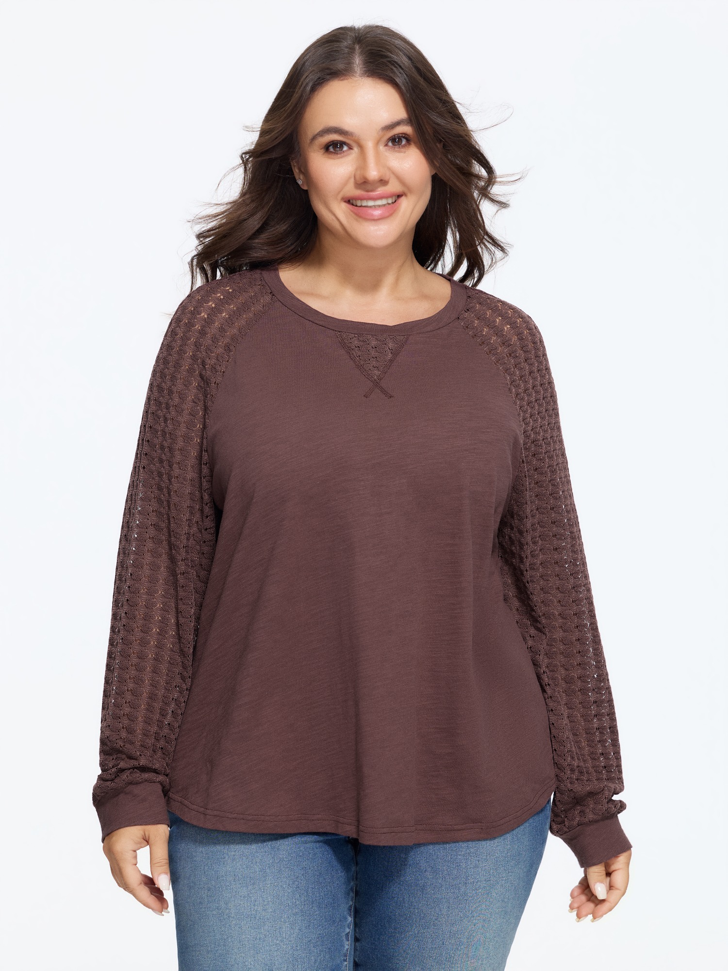 BloomChic Women's Plus Size Stretchy Hollow Out Sleeve Round Neck T-Shirt Chocolate Lab Solid Everyday-Casual Long Sleeve Round Neck 10/M