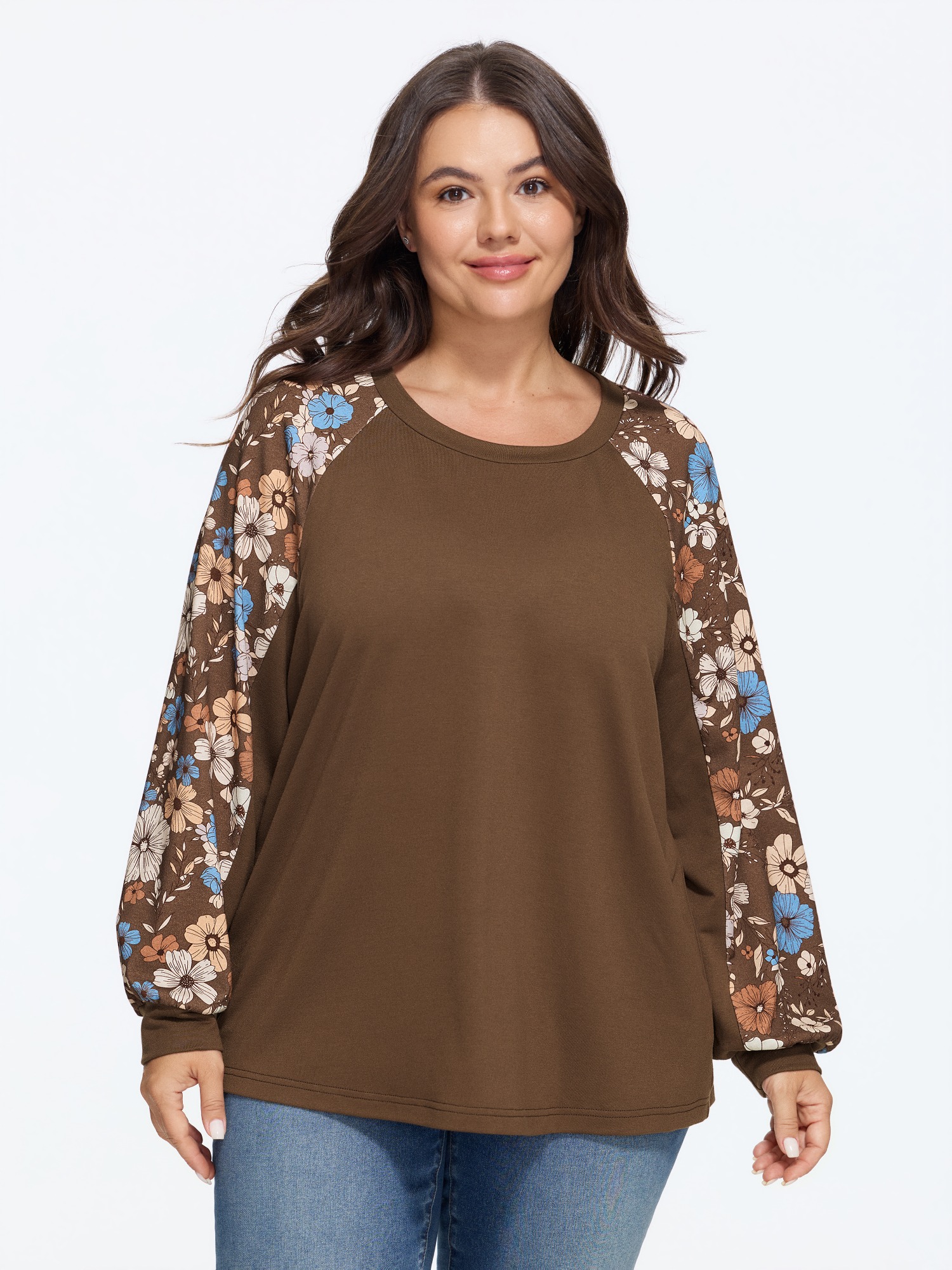 BloomChic Women's Plus Size Floral Print Patchwork Balloon Sleeve Sweatshirt Shaved Chocolate Everyday-Casual Round Neck 10/M