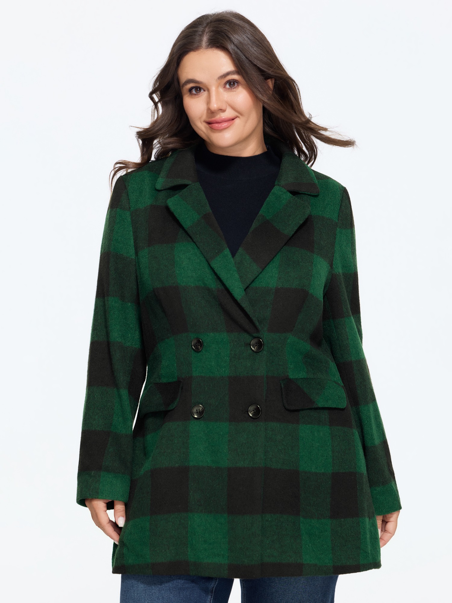 BloomChic Plus Size Plaid Double Breasted Lapel Collar Coat - Curve Women's Winterwear- DarkGreen Tunic Straight fit Coats 14/M