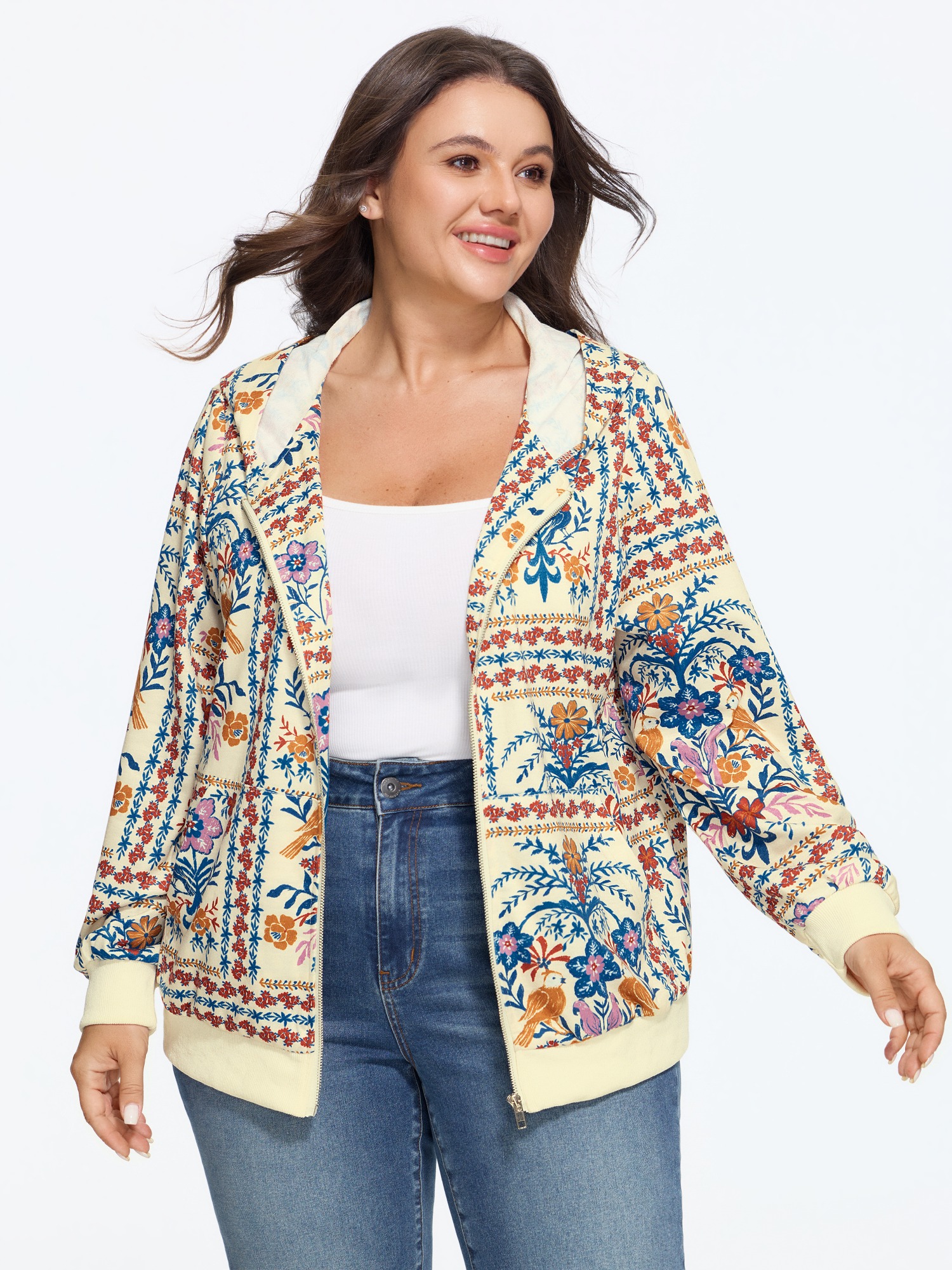 Floral Bird Print Zipper Hoodie