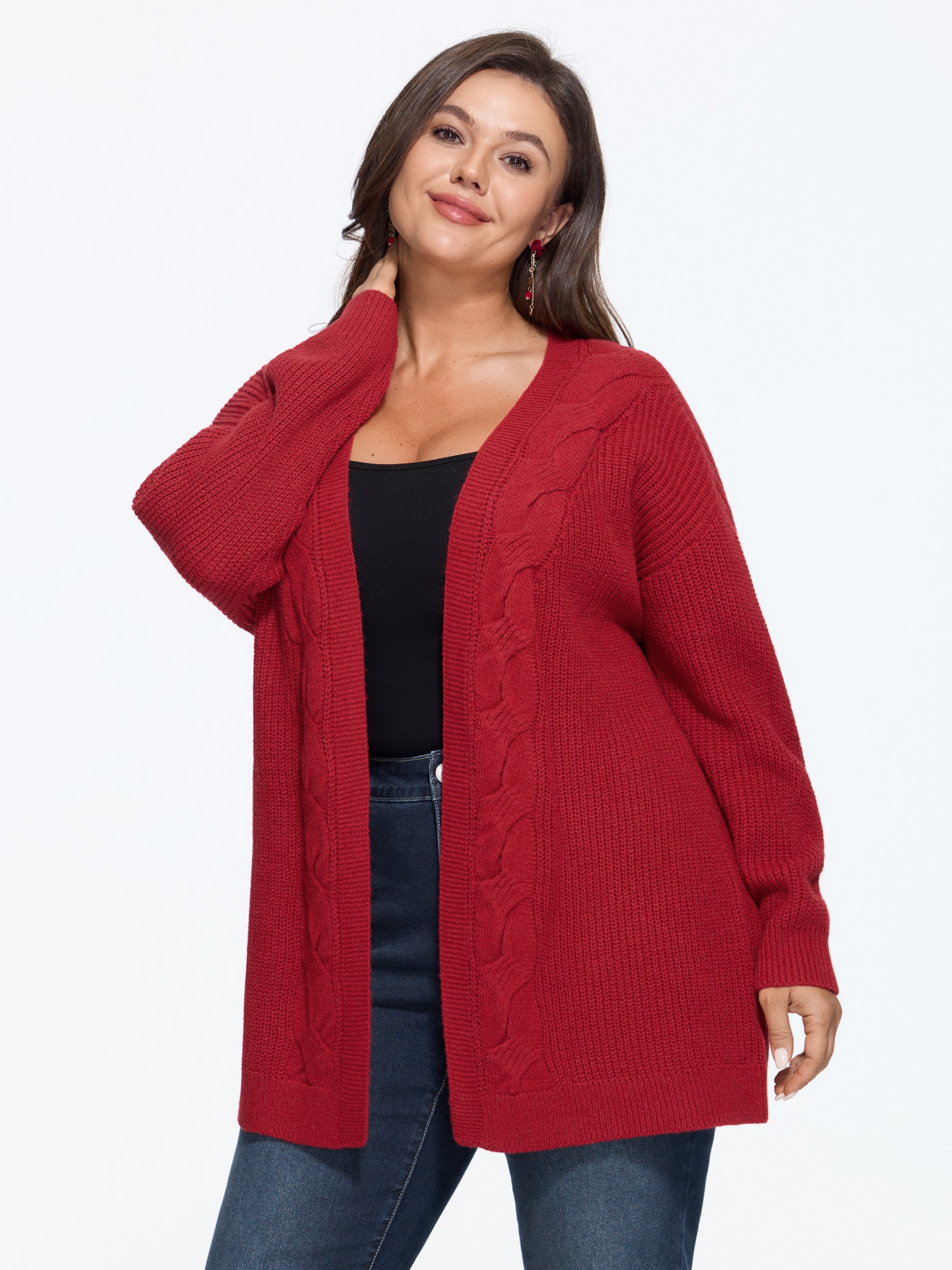 BloomChic Plus Size V Neck Open Front Cable Knit Cardigan - Curve Women's Winter V-Neck Straight fit Cable Knit Lava Falls Open Front Cardigans 14/M