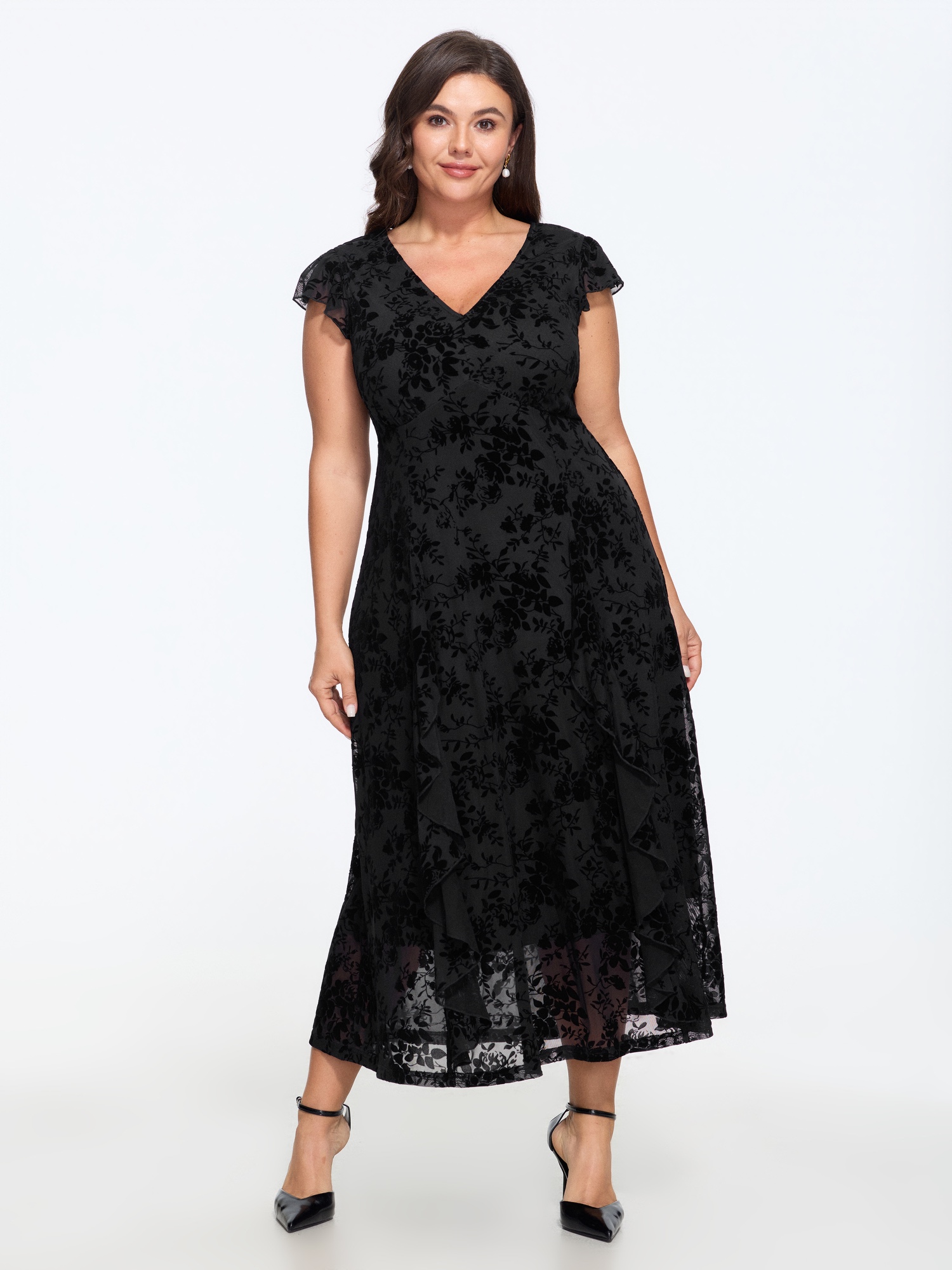 BloomChic Women's Plus Size Flocking Floral Flutter Sleeve Ruffle Side Midi Dress Black Floral Midi Everyday-Elegant Cable Knit 10/M