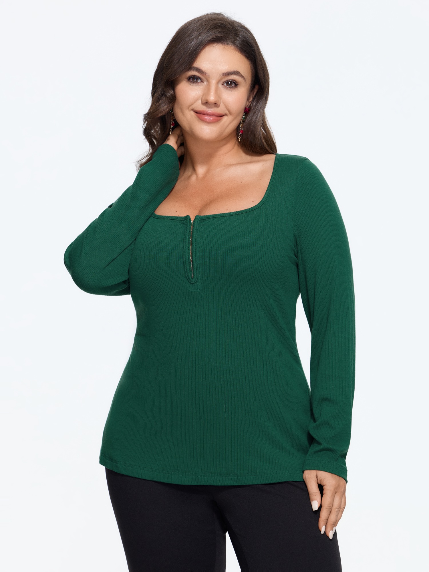 BloomChic Plus Size Hidden Placket Button Square Neck Ribbed T-Shirt - Women's Deep Jungle Solid Square Neck Long Sleeve 节庆款 T-shirts 14/M