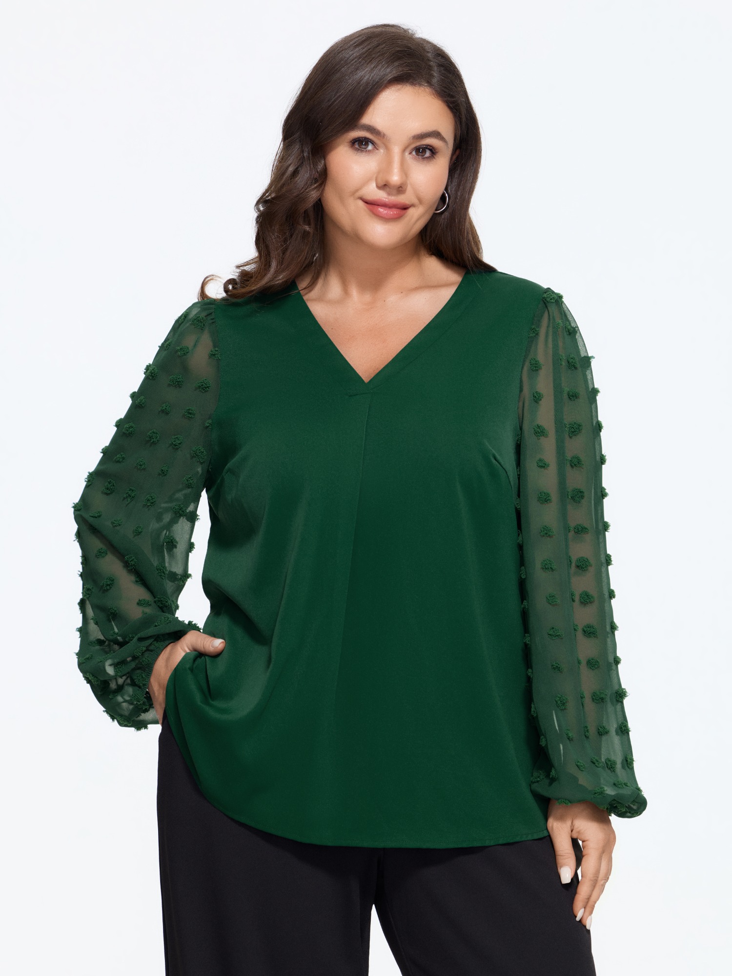 BloomChic Plus Size Textured Sheer Mesh Sleeve V Neck Blouse - Women's Emerald Solid V-Neck Long Sleeve 节庆款 Blouses 34/6X