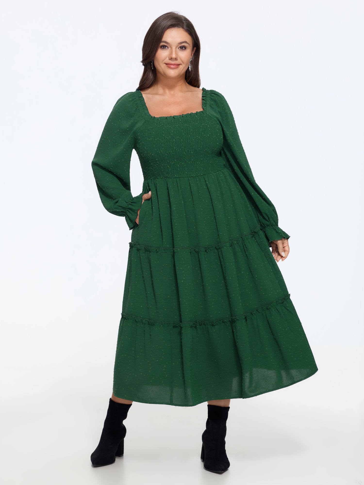 BloomChic Women's Plus Size Textured Square Neck Shirred Tiered Midi Dress Evergreen Solid Midi Everyday-Elegant Smocked 10/M