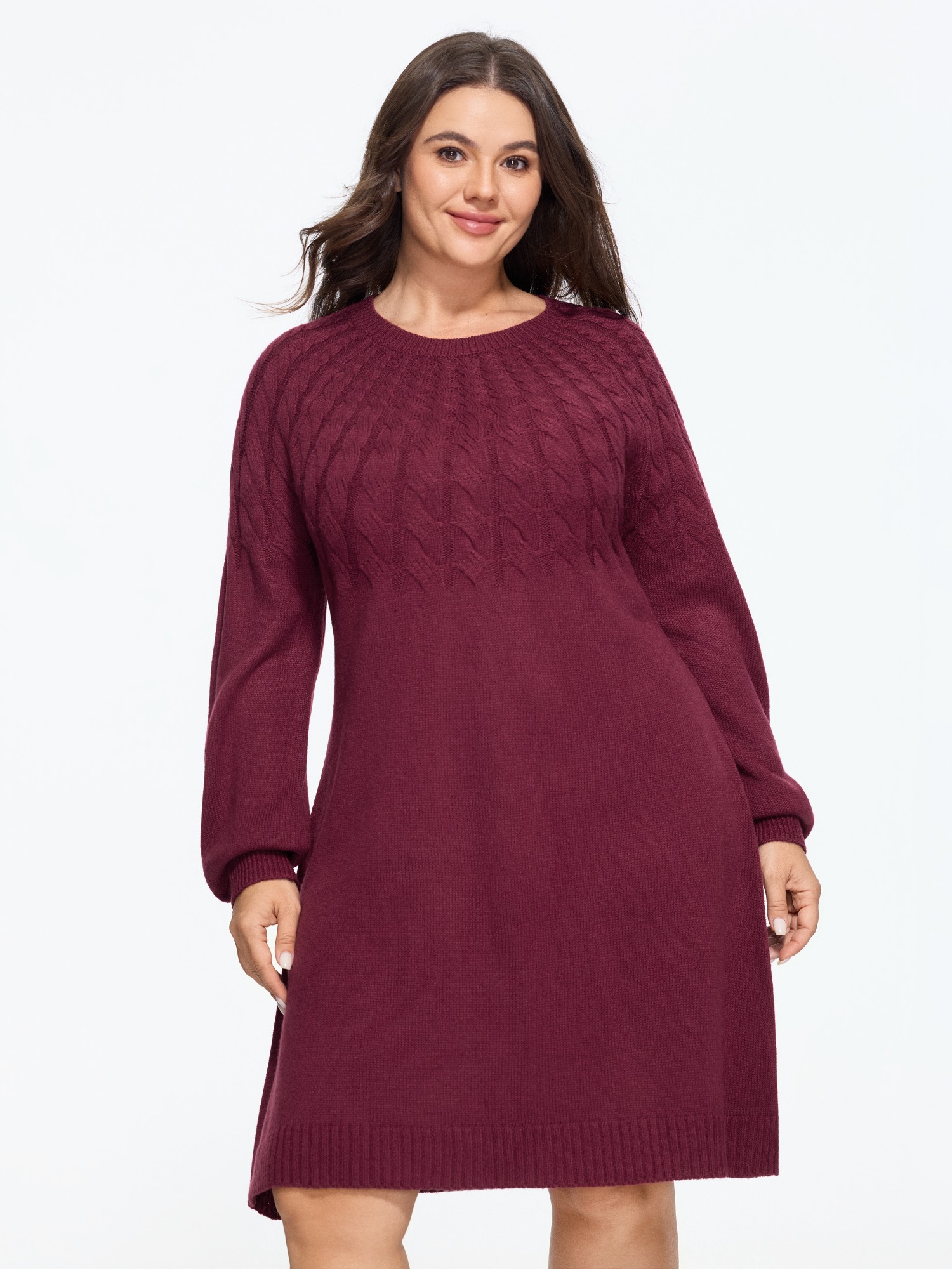 BloomChic Plus Size Crew Neck Cable Knit Sweater Dress - Curve Ladies Merlot 节庆款 Long Sleeve Solid Sweater Dresses 34/6X