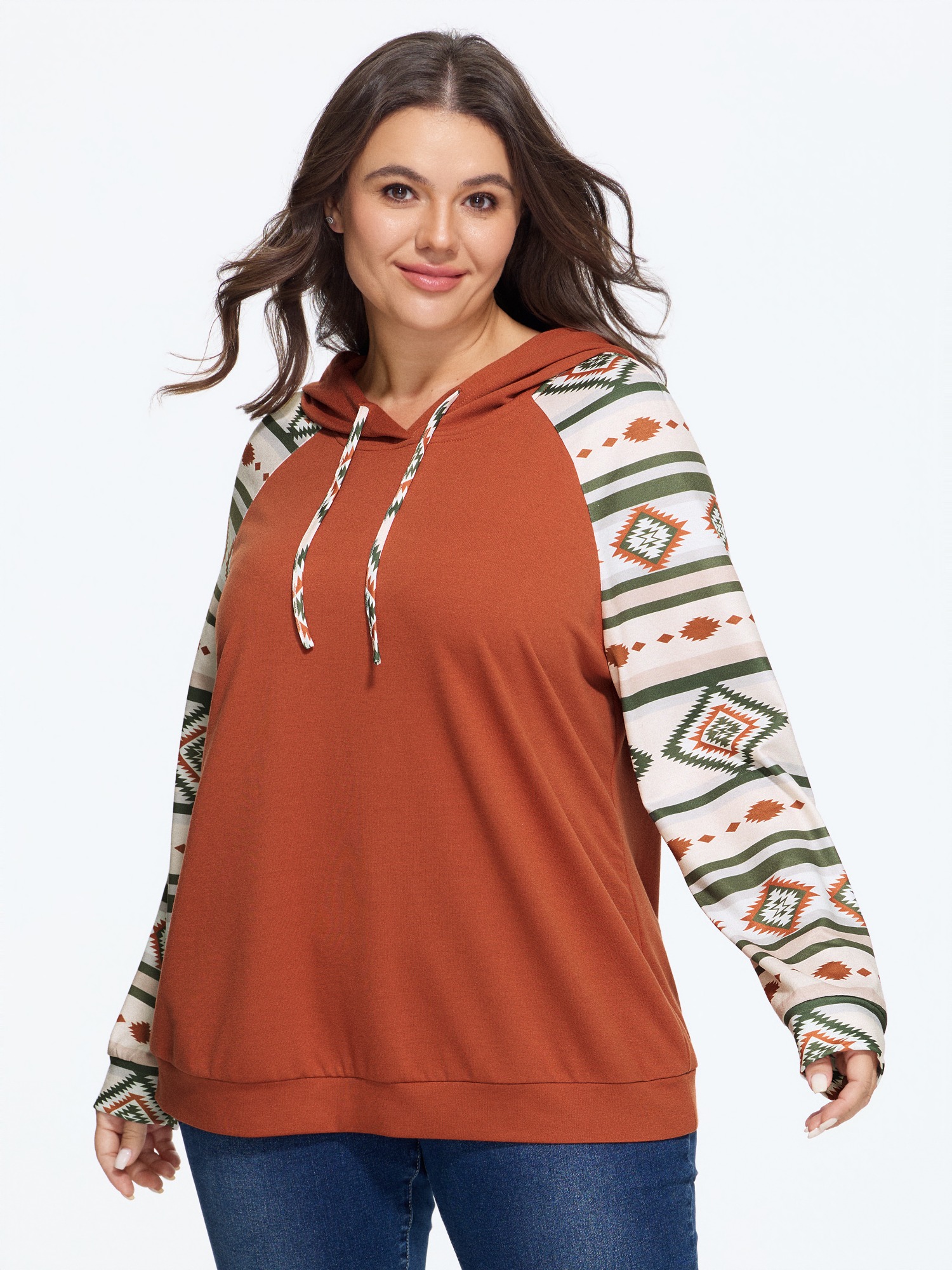 BloomChic Women's Plus Size Geometric Print Raglan Sleeve Hooded Pullover Potter's Clay Everyday-Casual Hooded Neck 10/M